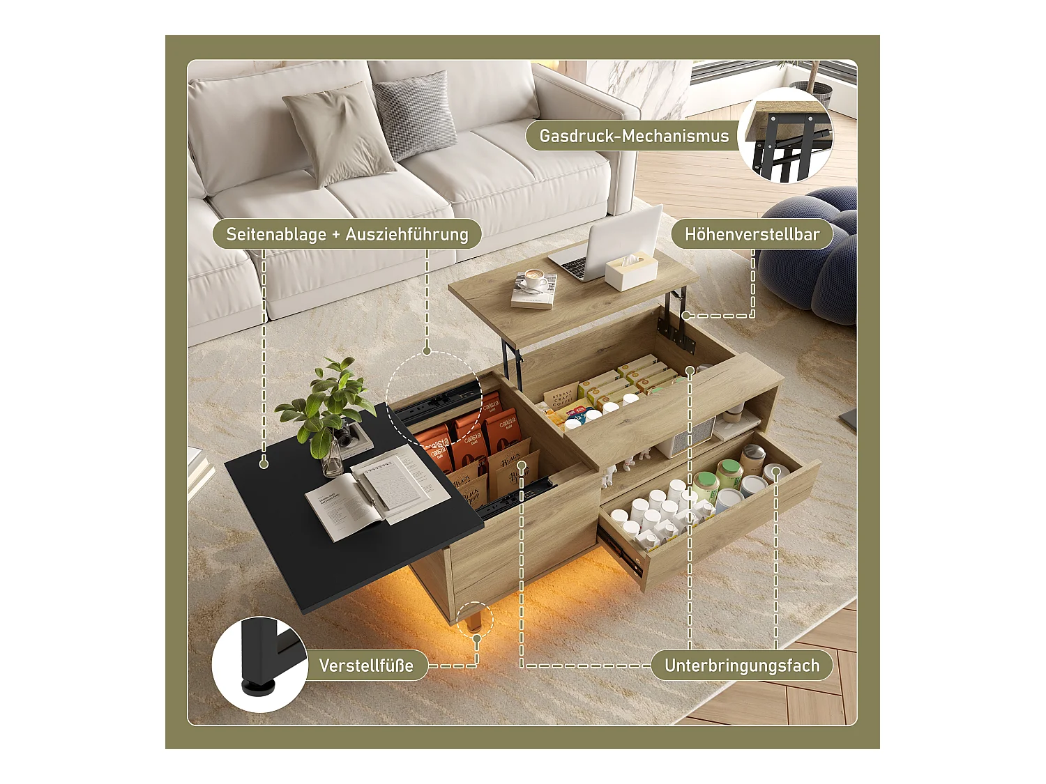 Table basse relevable avec Leds - 103.5 x 50 x 27.5 cm  - avec 1 tiroir + compartiments - bois - naturel