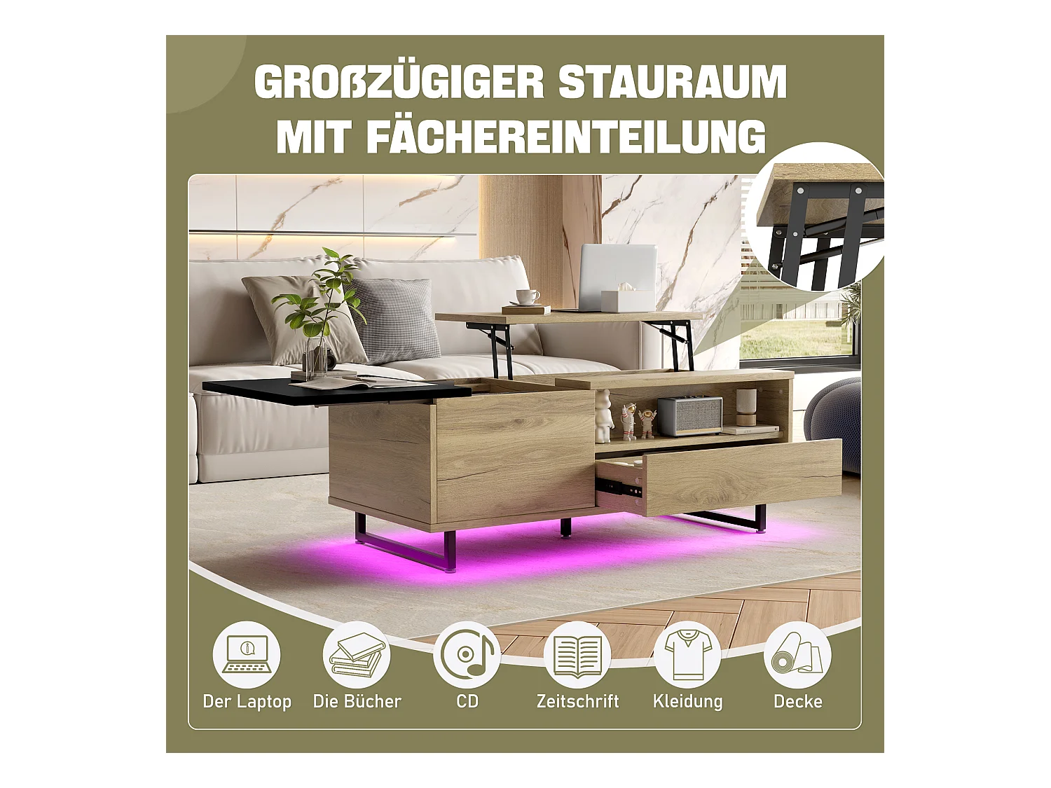 Table basse relevable avec Leds - 103.5 x 50 x 27.5 cm  - avec 1 tiroir + compartiments - bois - naturel