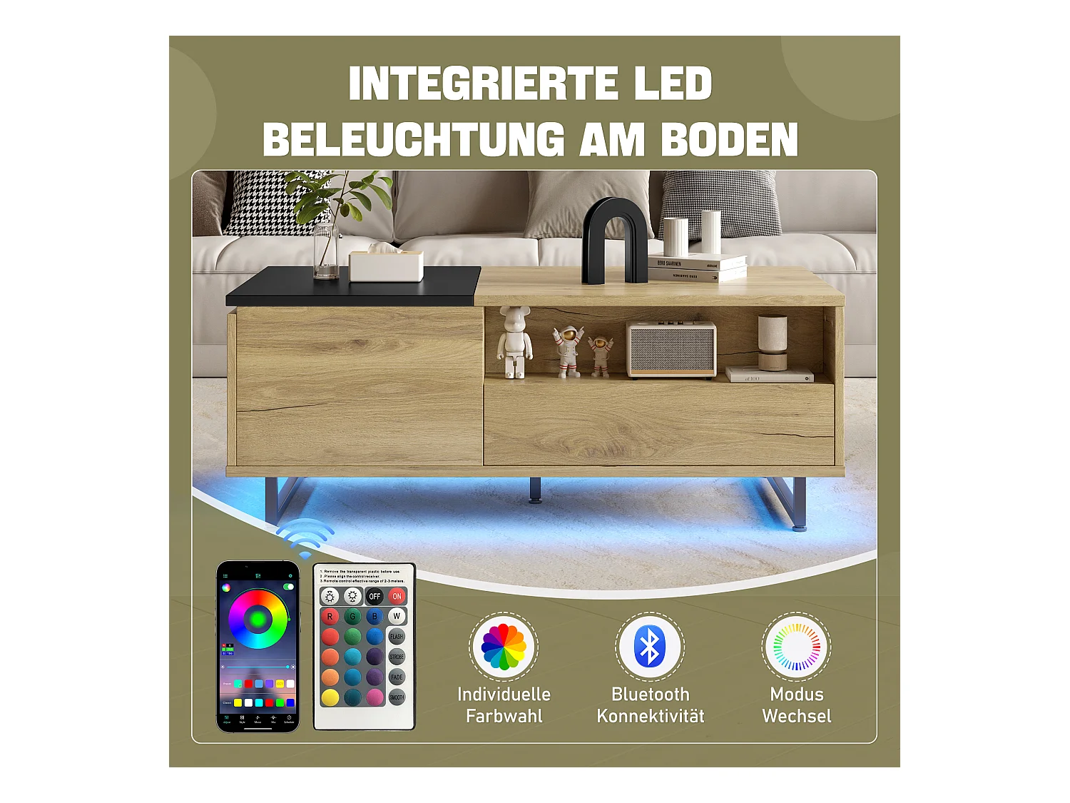 Table basse relevable avec Leds - 103.5 x 50 x 27.5 cm  - avec 1 tiroir + compartiments - bois - naturel
