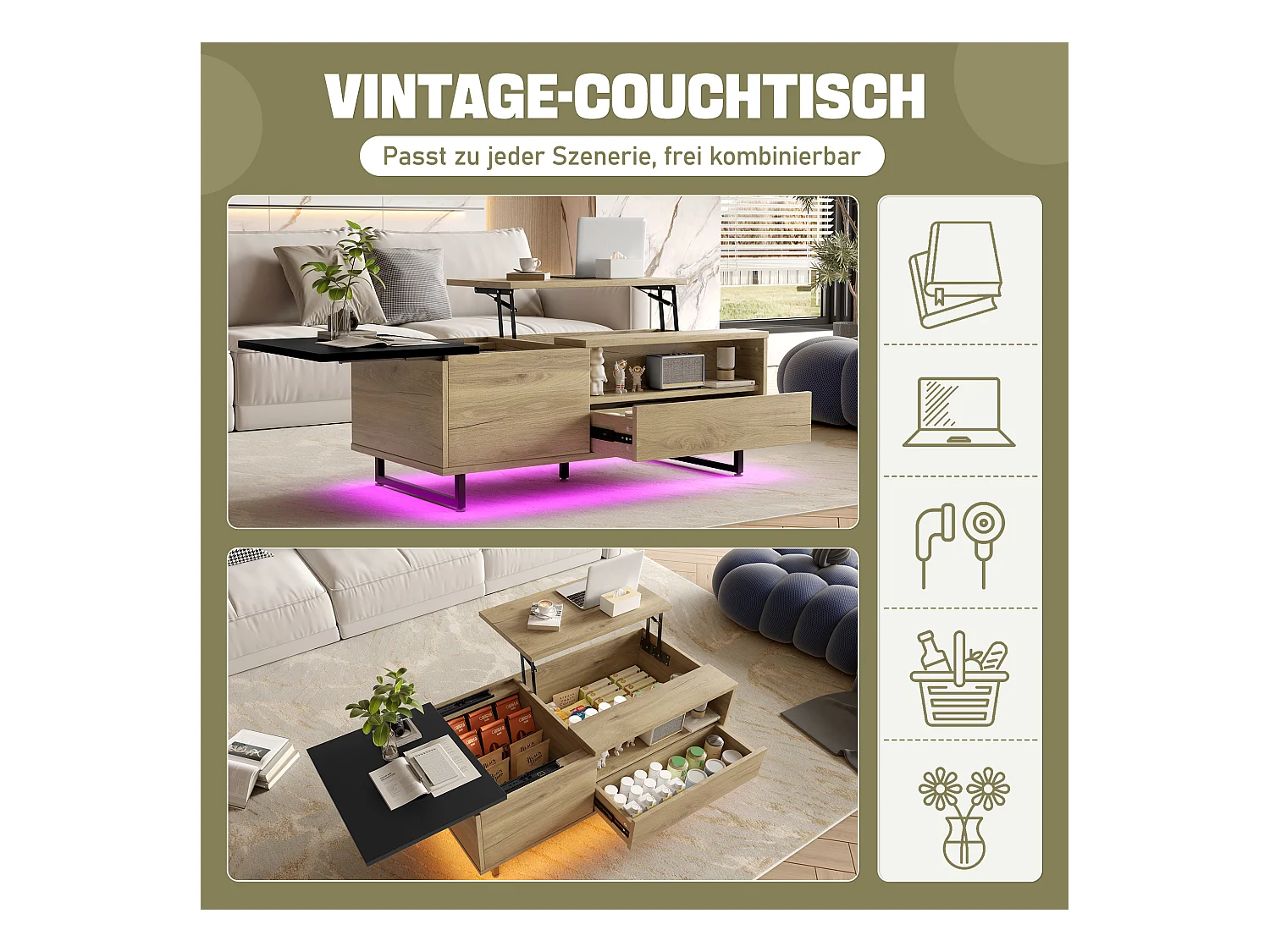 Table basse relevable avec Leds - 103.5 x 50 x 27.5 cm  - avec 1 tiroir + compartiments - bois - naturel