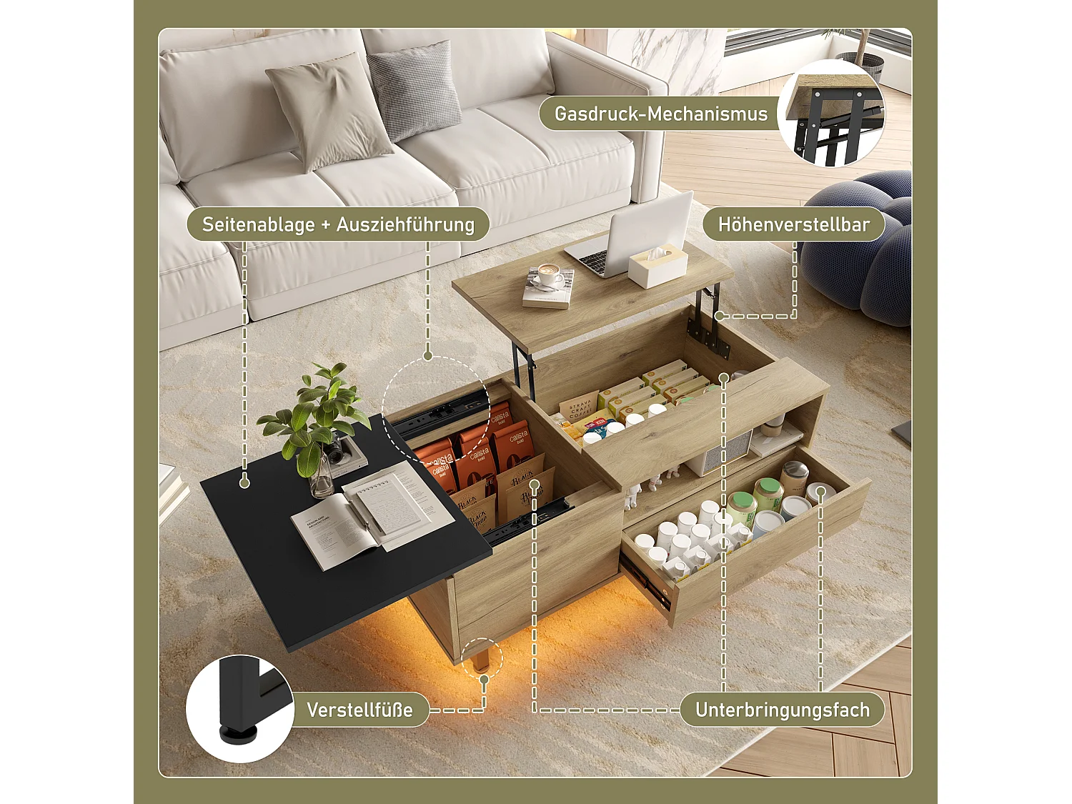 Table basse relevable avec Leds - 103.5 x 50 x 27.5 cm  - avec 1 tiroir + compartiments - bois - naturel