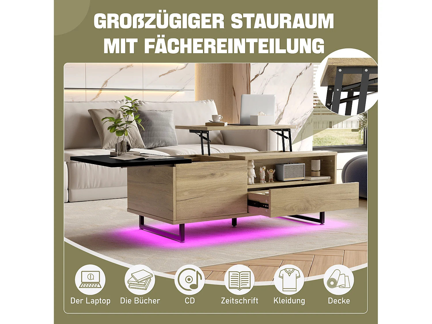 Table basse relevable avec Leds - 103.5 x 50 x 27.5 cm  - avec 1 tiroir + compartiments - bois - naturel