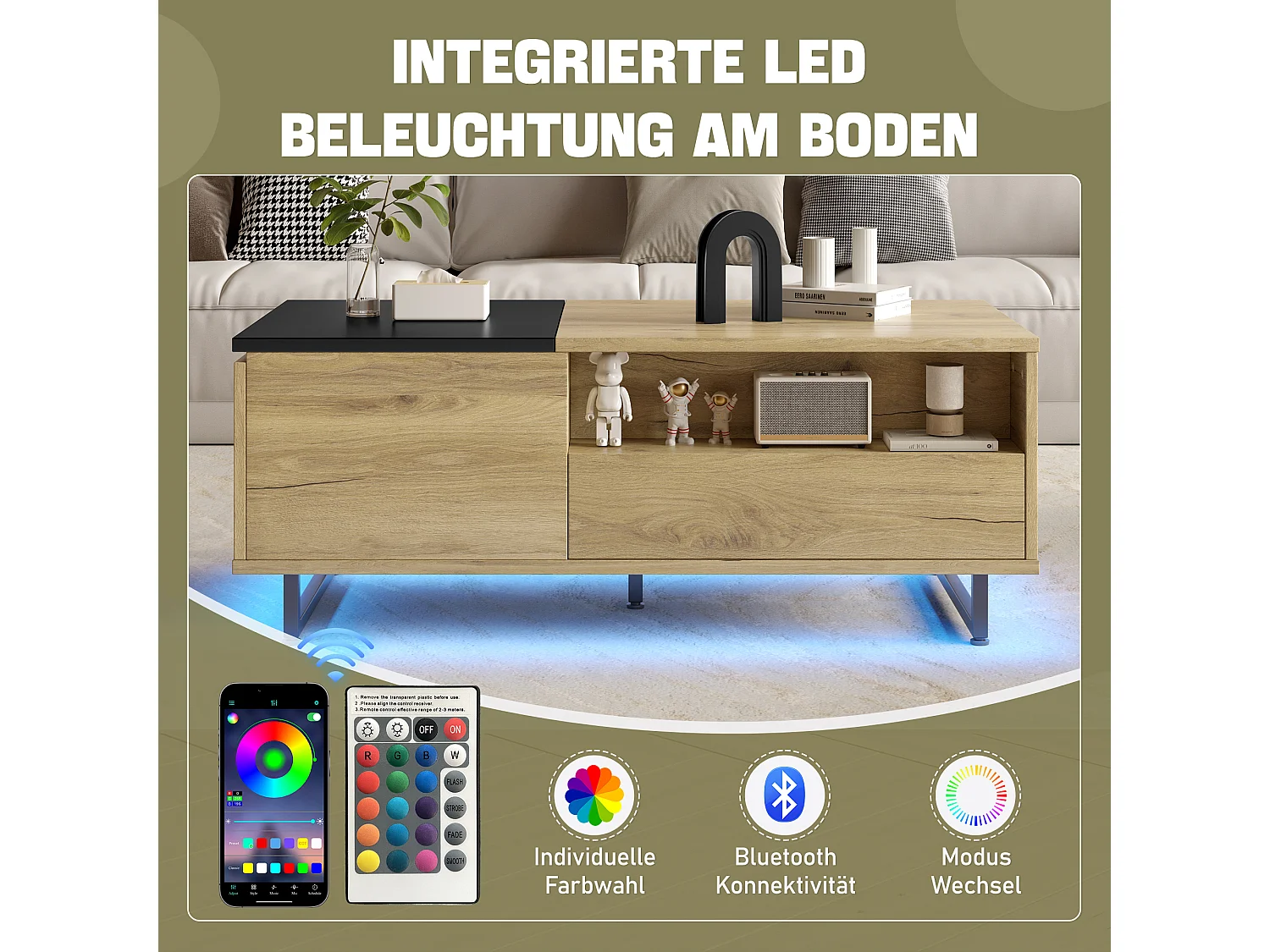 Table basse relevable avec Leds - 103.5 x 50 x 27.5 cm  - avec 1 tiroir + compartiments - bois - naturel