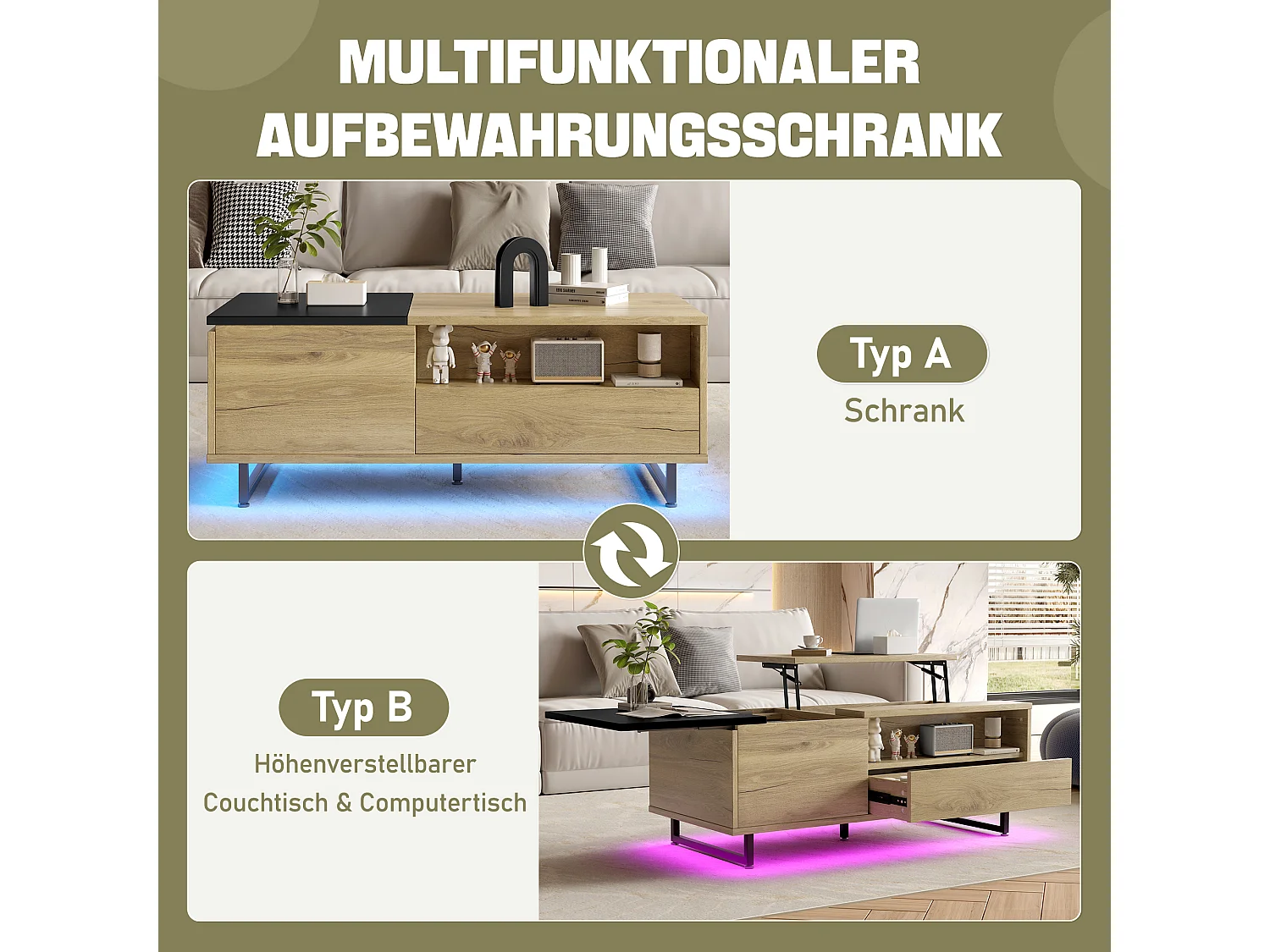 Table basse relevable avec Leds - 103.5 x 50 x 27.5 cm  - avec 1 tiroir + compartiments - bois - naturel