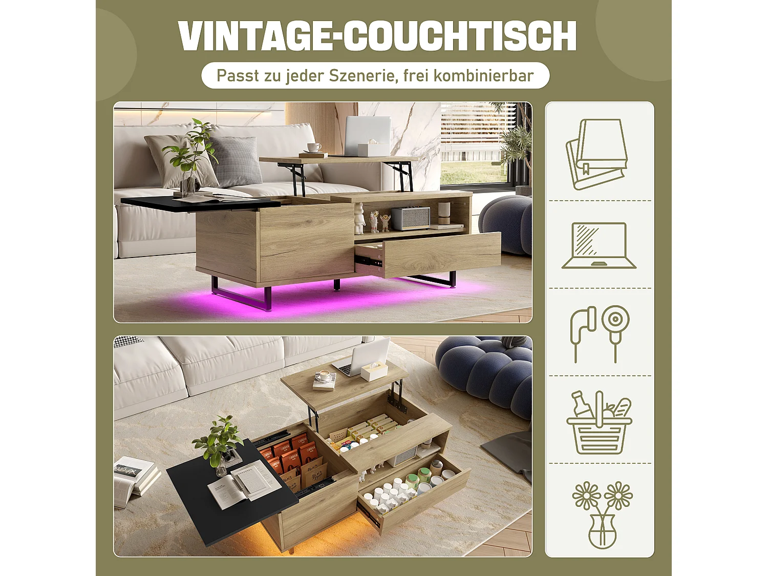 Table basse relevable avec Leds - 103.5 x 50 x 27.5 cm  - avec 1 tiroir + compartiments - bois - naturel