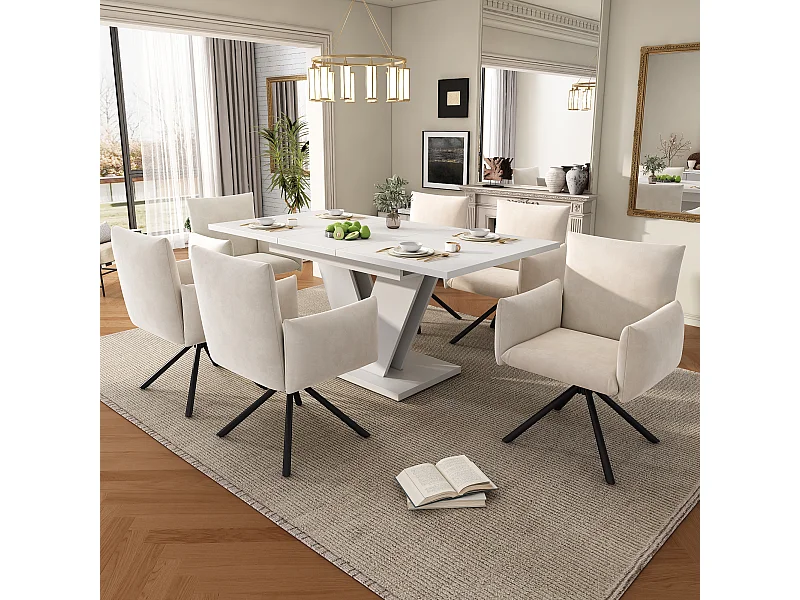 Ensemble de table à manger extensible et 6 chaises - 120/160 * 80 x 75.5 cm - chaise en velours - MDF - blanc