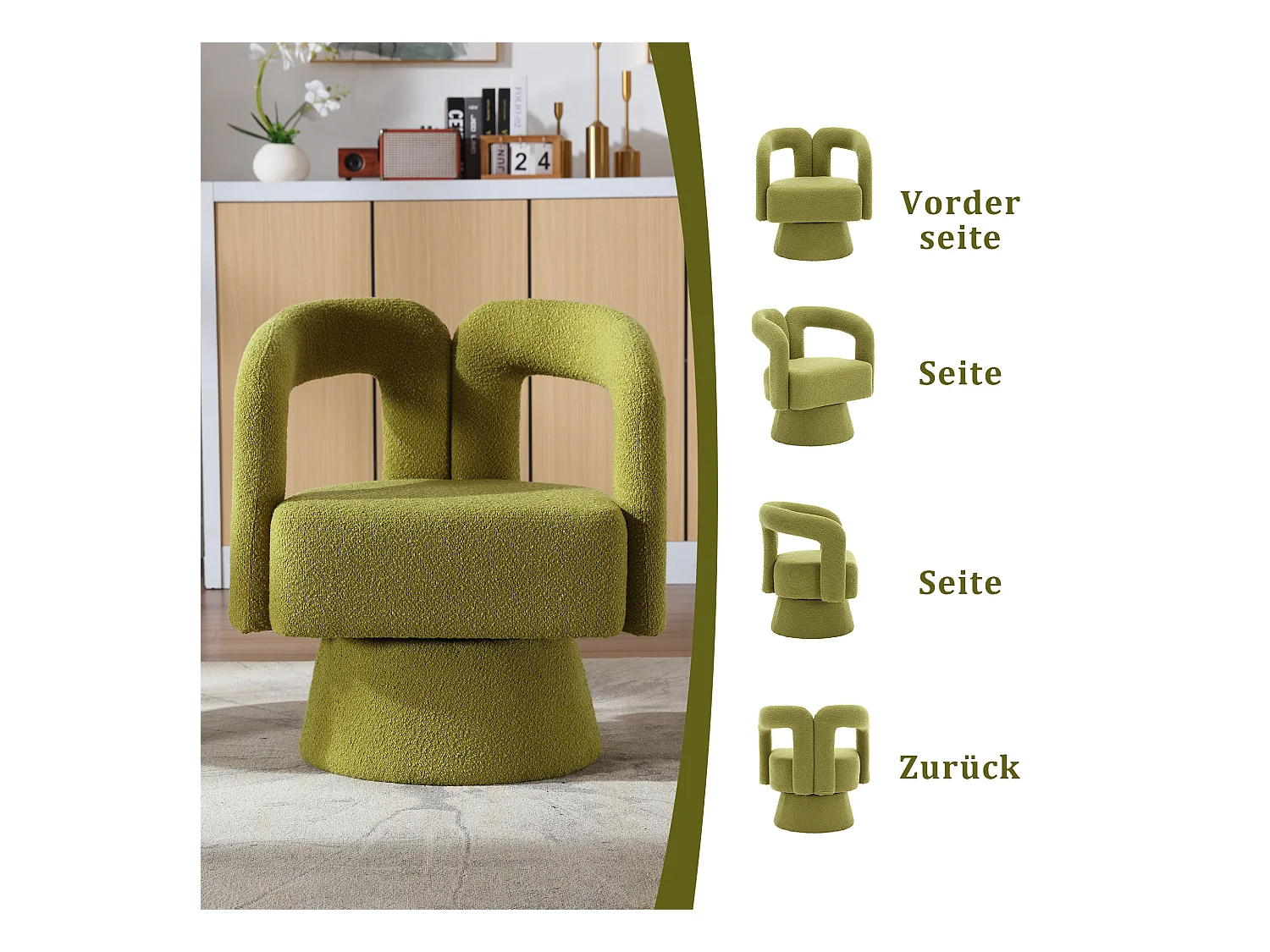 Fauteuils d'appoint pivotants à 360 degrés - 67 x 55 x 74 cm - avec coussins larges - Boucle - vert
