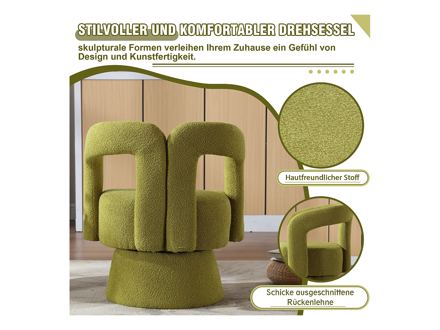 Fauteuils d'appoint pivotants à 360 degrés - 67 x 55 x 74 cm - avec coussins larges - Boucle - vert