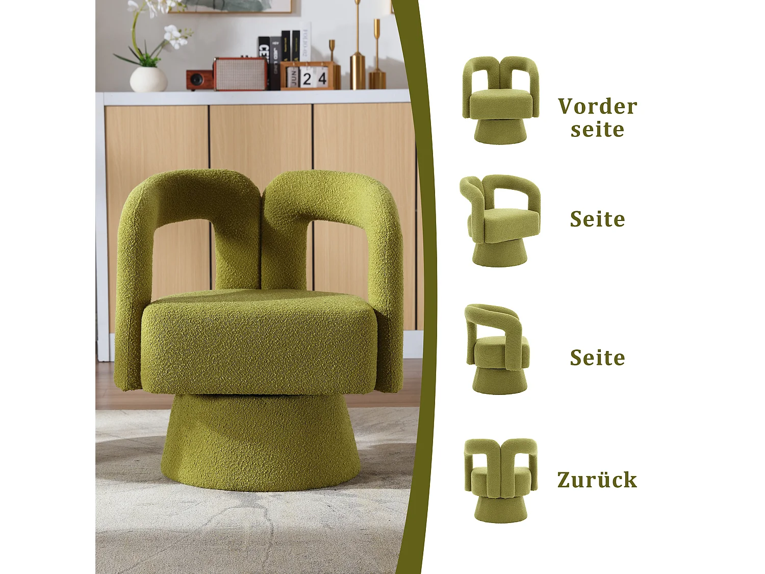 Fauteuils d'appoint pivotants à 360 degrés - 67 x 55 x 74 cm - avec coussins larges - Boucle - vert