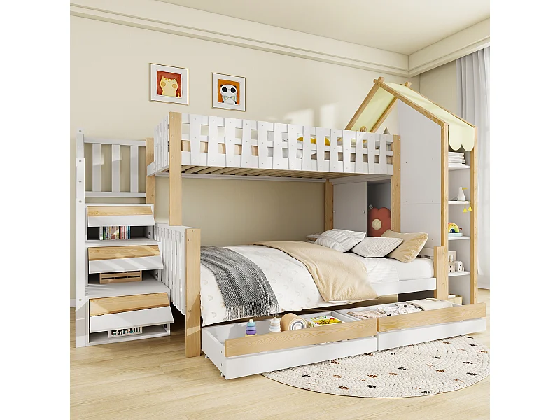 Kinder-Etagenbett - 90 x 200 cm + 140 x 200 cm - mit Stauraumleiter + 2 Schubladen - Holz - weiß + natur