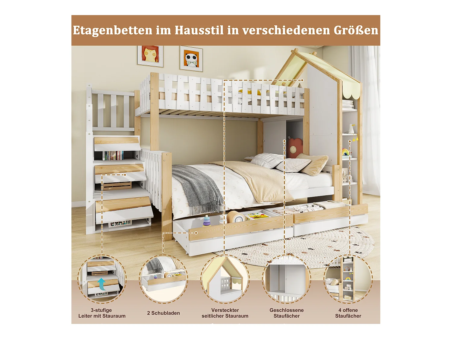 Łóżko piętrowe dla dzieci - 90 x 200 cm + 140 x 200 cm - z drabinką + 2 szuflady - drewno - kolor biały + naturalny