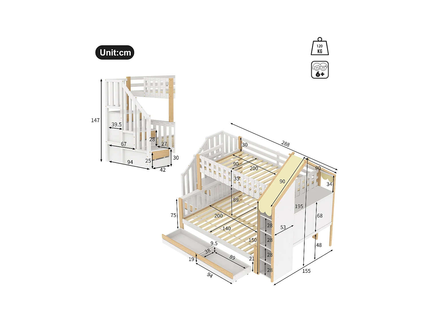 Łóżko piętrowe dla dzieci - 90 x 200 cm + 140 x 200 cm - z drabinką + 2 szuflady - drewno - kolor biały + naturalny