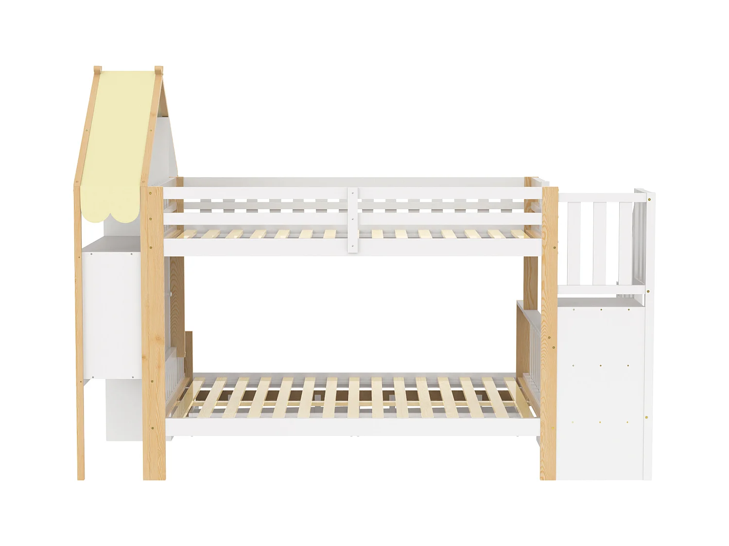 Łóżko piętrowe dla dzieci - 90 x 200 cm + 140 x 200 cm - z drabinką + 2 szuflady - drewno - kolor biały + naturalny
