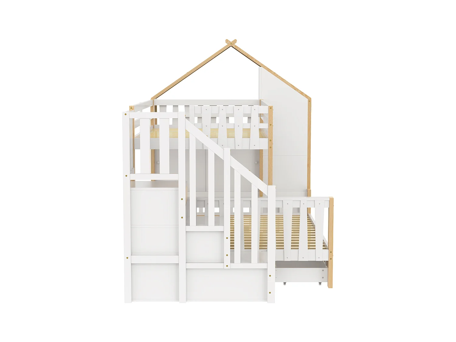 Łóżko piętrowe dla dzieci - 90 x 200 cm + 140 x 200 cm - z drabinką + 2 szuflady - drewno - kolor biały + naturalny