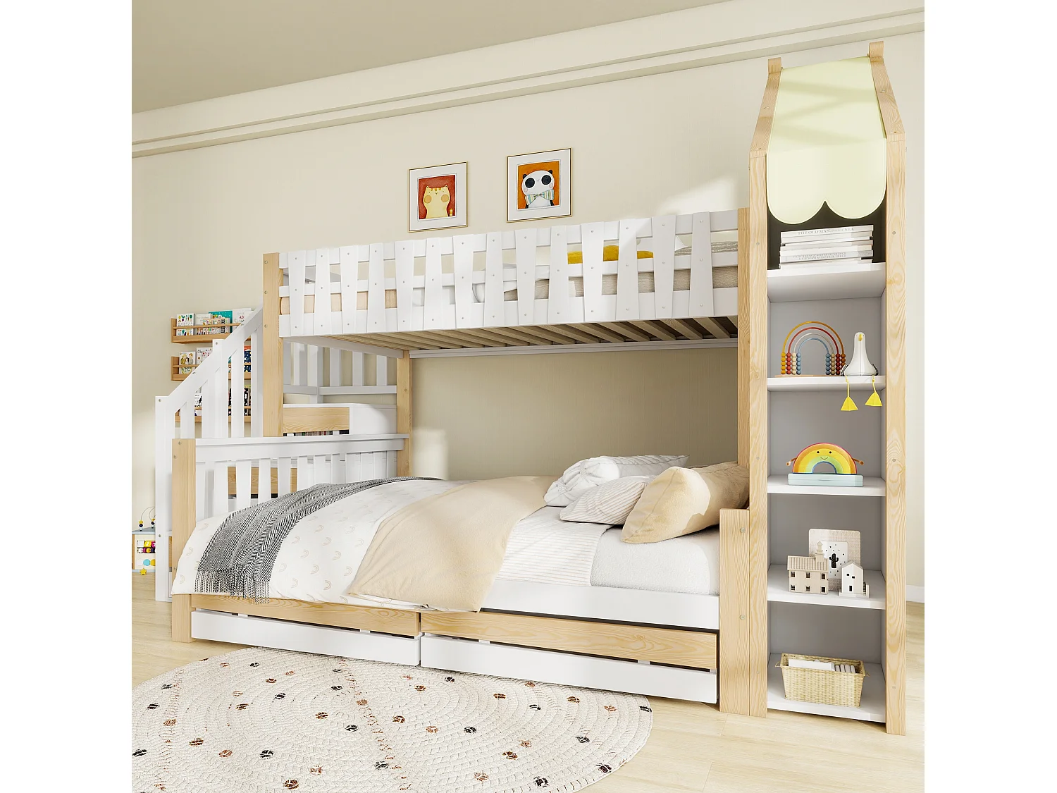 Lit superposé enfant - 90 x 200 cm + 140 x 200 cm - avec échelle de rangement + 2 tiroirs - bois - blanc + naturel