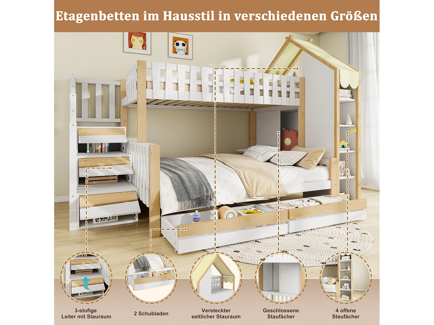 Lit superposé enfant - 90 x 200 cm + 140 x 200 cm - avec échelle de rangement + 2 tiroirs - bois - blanc + naturel