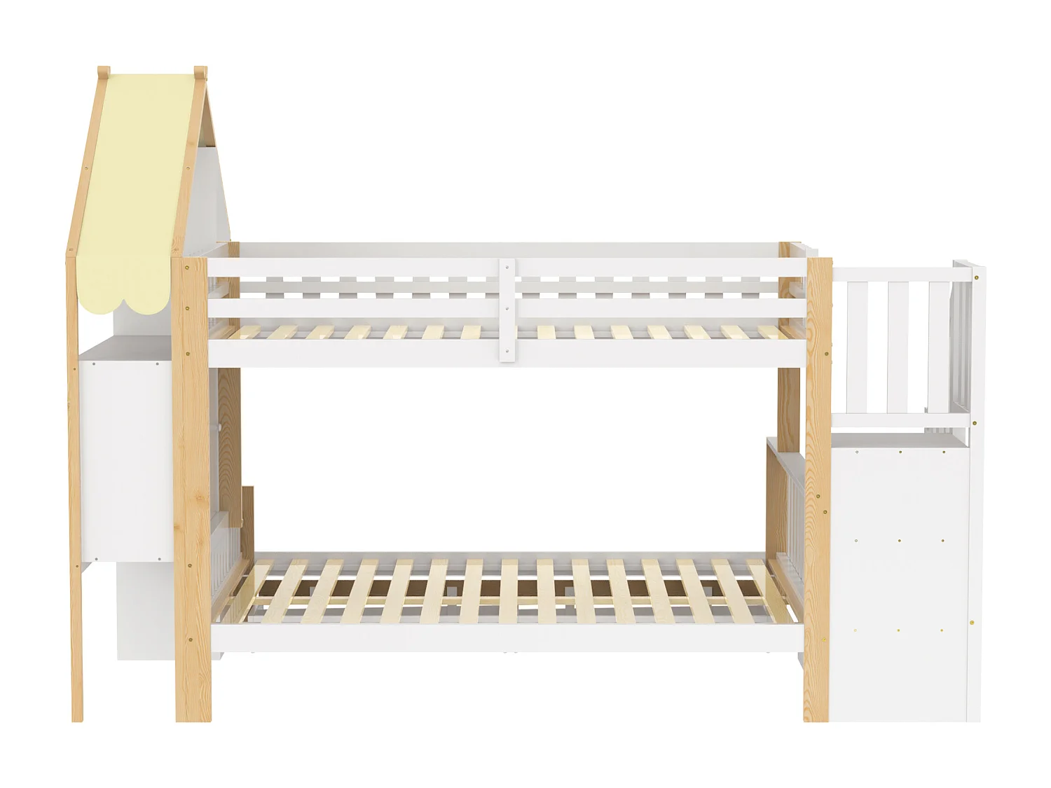 Lit superposé enfant - 90 x 200 cm + 140 x 200 cm - avec échelle de rangement + 2 tiroirs - bois - blanc + naturel