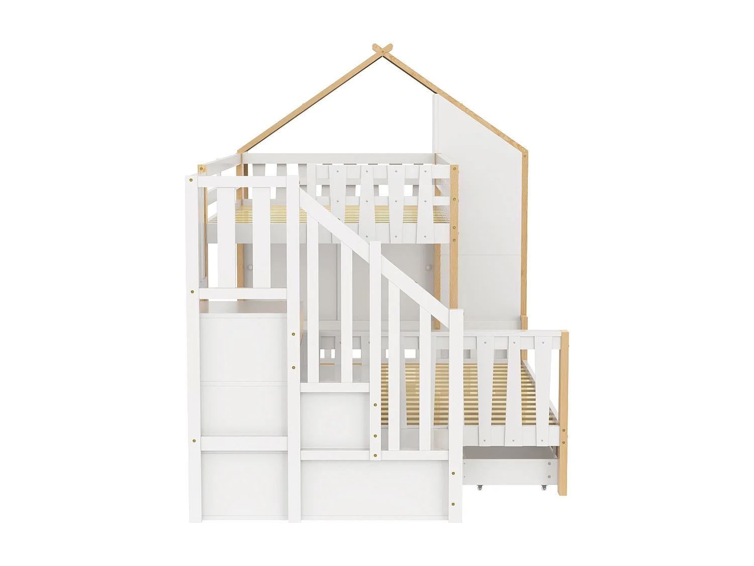 Lit superposé enfant - 90 x 200 cm + 140 x 200 cm - avec échelle de rangement + 2 tiroirs - bois - blanc + naturel