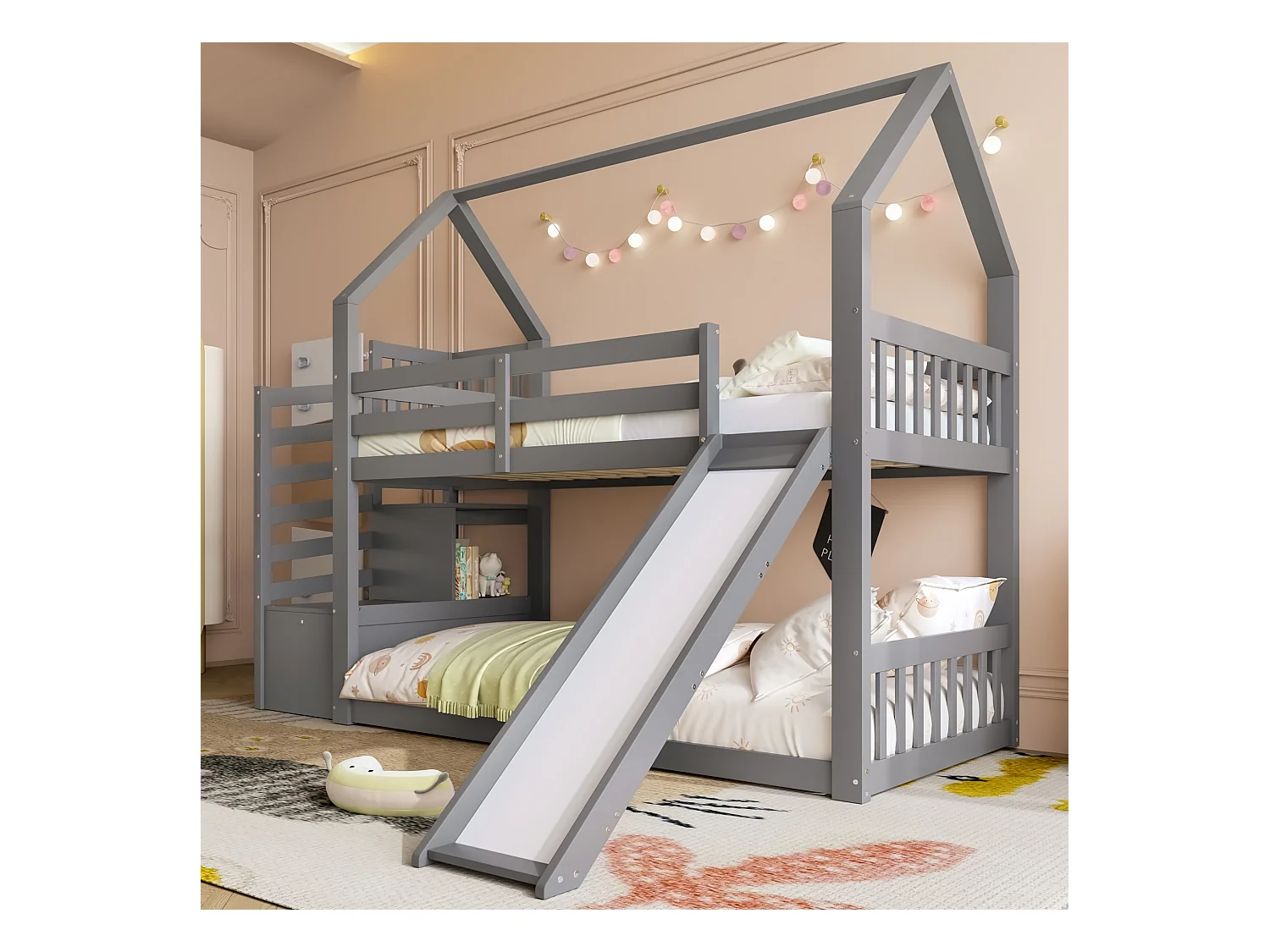Lit superposés - 2 x 90 x 200 cm - avec escalier de rangement + toboggan - lit cabane - bois - gris