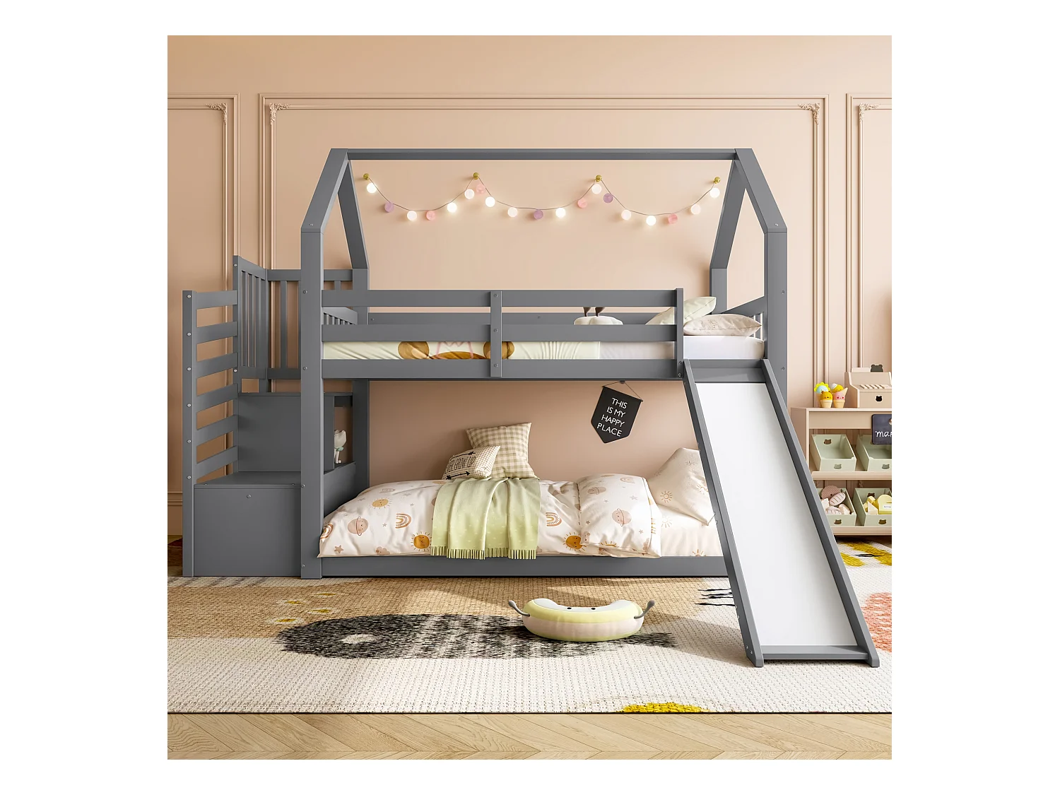 Lit superposés - 2 x 90 x 200 cm - avec escalier de rangement + toboggan - lit cabane - bois - gris