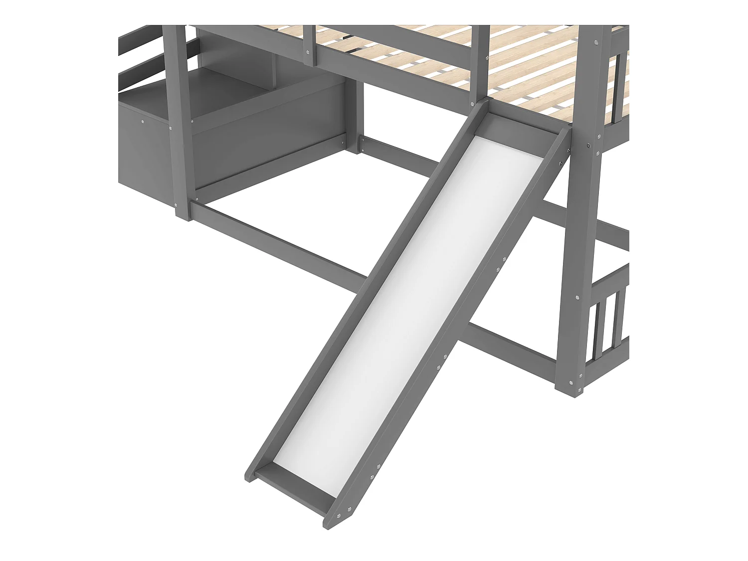 Lit superposés - 2 x 90 x 200 cm - avec escalier de rangement + toboggan - lit cabane - bois - gris