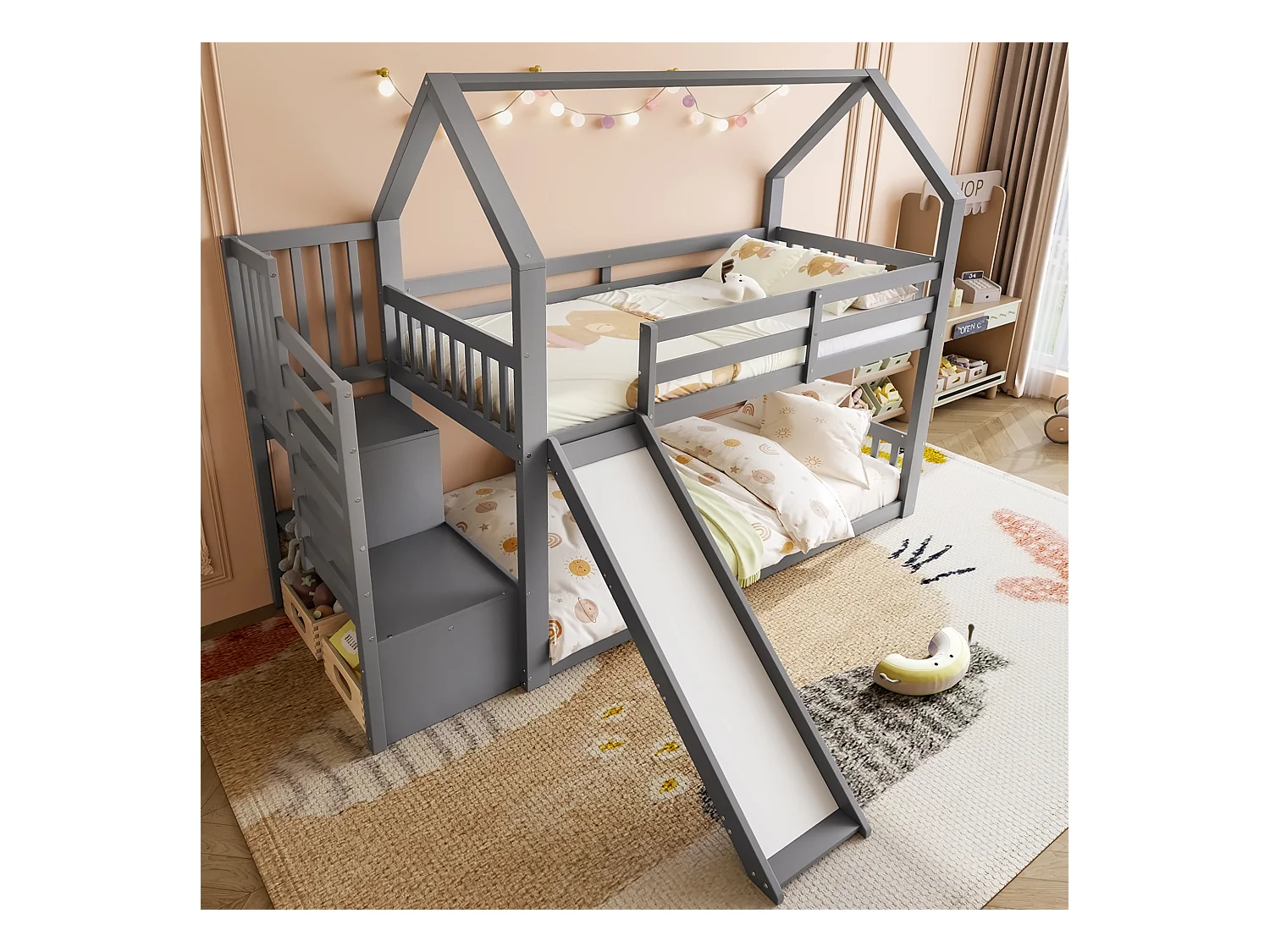 Beliche - 2 x 90 x 200 cm - com escada de armazenamento + escorregador - cama de cabine - madeira - cinza