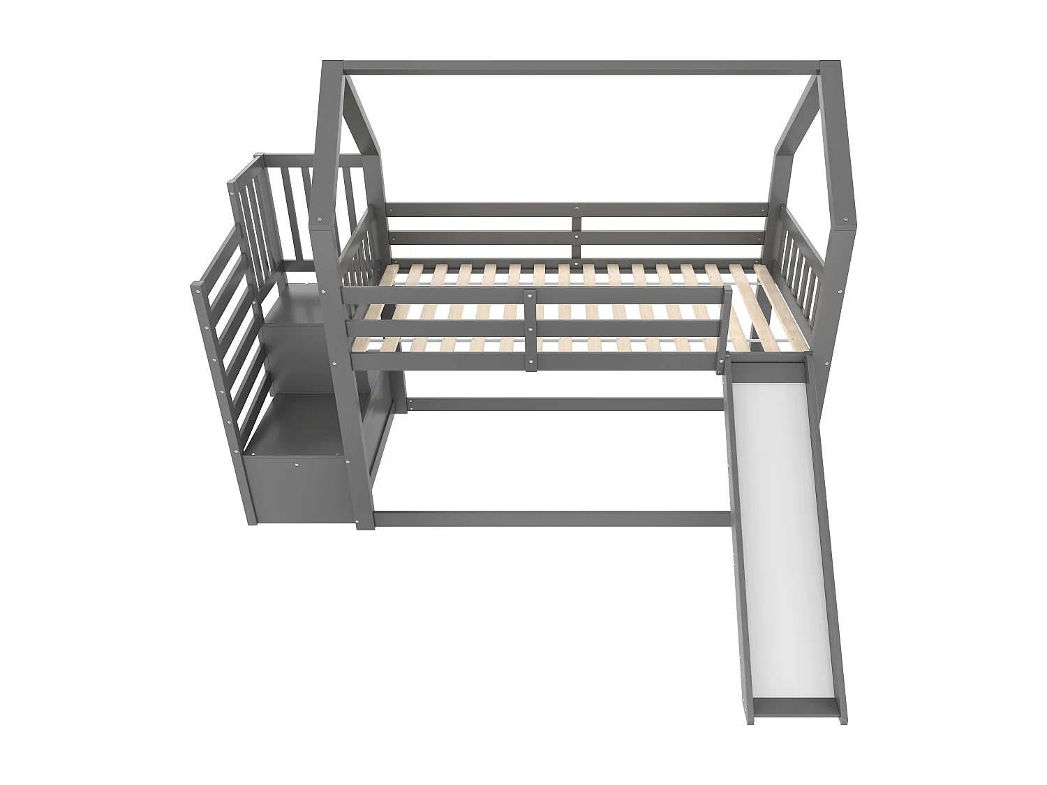 Lit superposés - 2 x 90 x 200 cm - avec escalier de rangement + toboggan - lit cabane - bois - gris