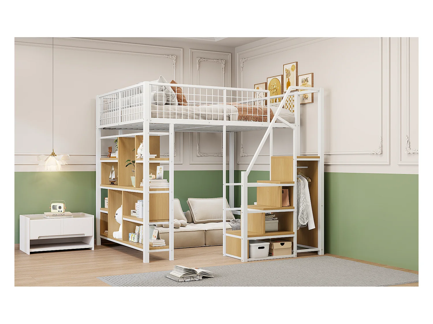 Kinderhoogslaper van metaal - 140 x 200 cm - met kledingkast + planken + trap - hout + metaal - wit