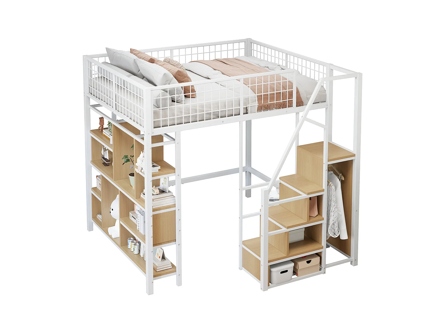 Kinderhoogslaper van metaal - 140 x 200 cm - met kledingkast + planken + trap - hout + metaal - wit