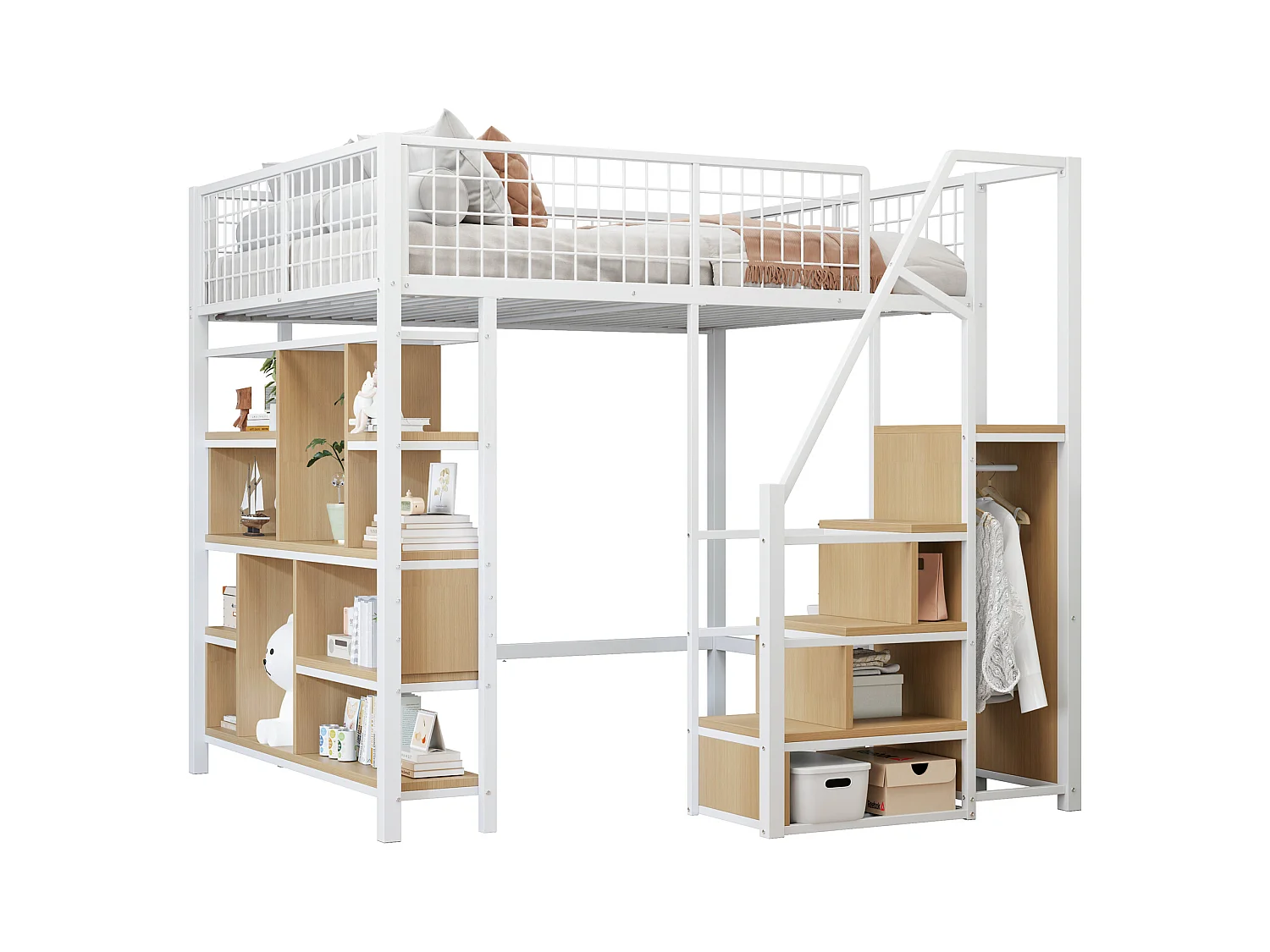 Kinderhoogslaper van metaal - 140 x 200 cm - met kledingkast + planken + trap - hout + metaal - wit