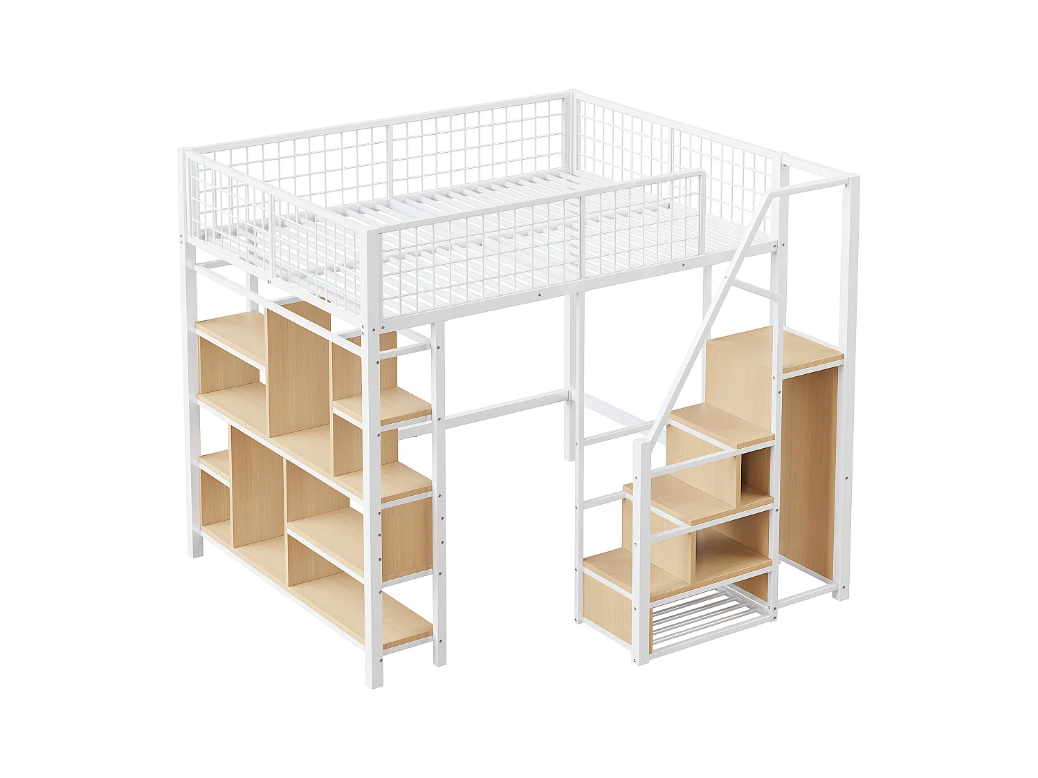 Kinderhoogslaper van metaal - 140 x 200 cm - met kledingkast + planken + trap - hout + metaal - wit