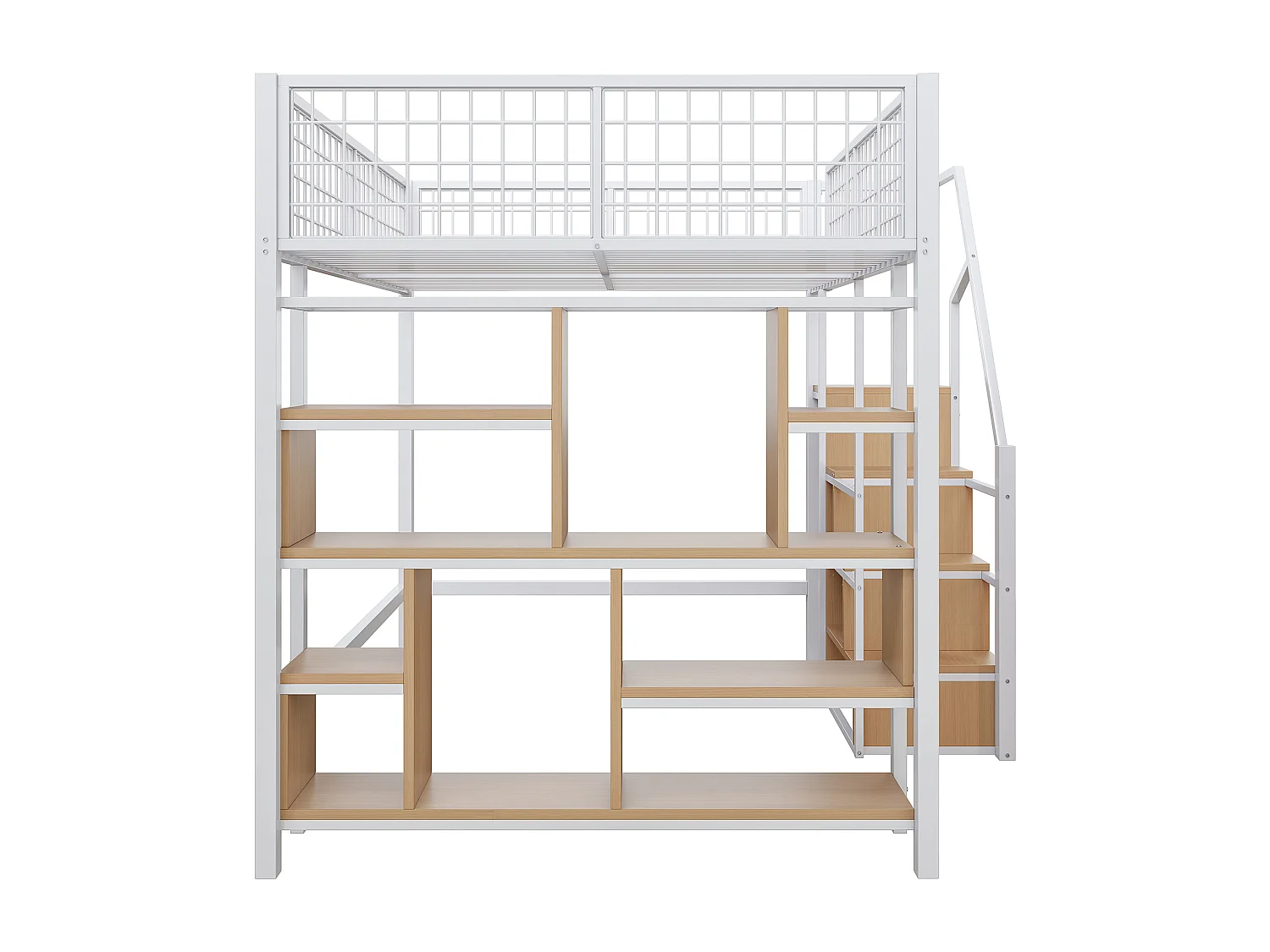 Lit mezzanine enfant en métal - 140 x 200 cm - avec armoire + étagères + escalier - bois + métal - blanc