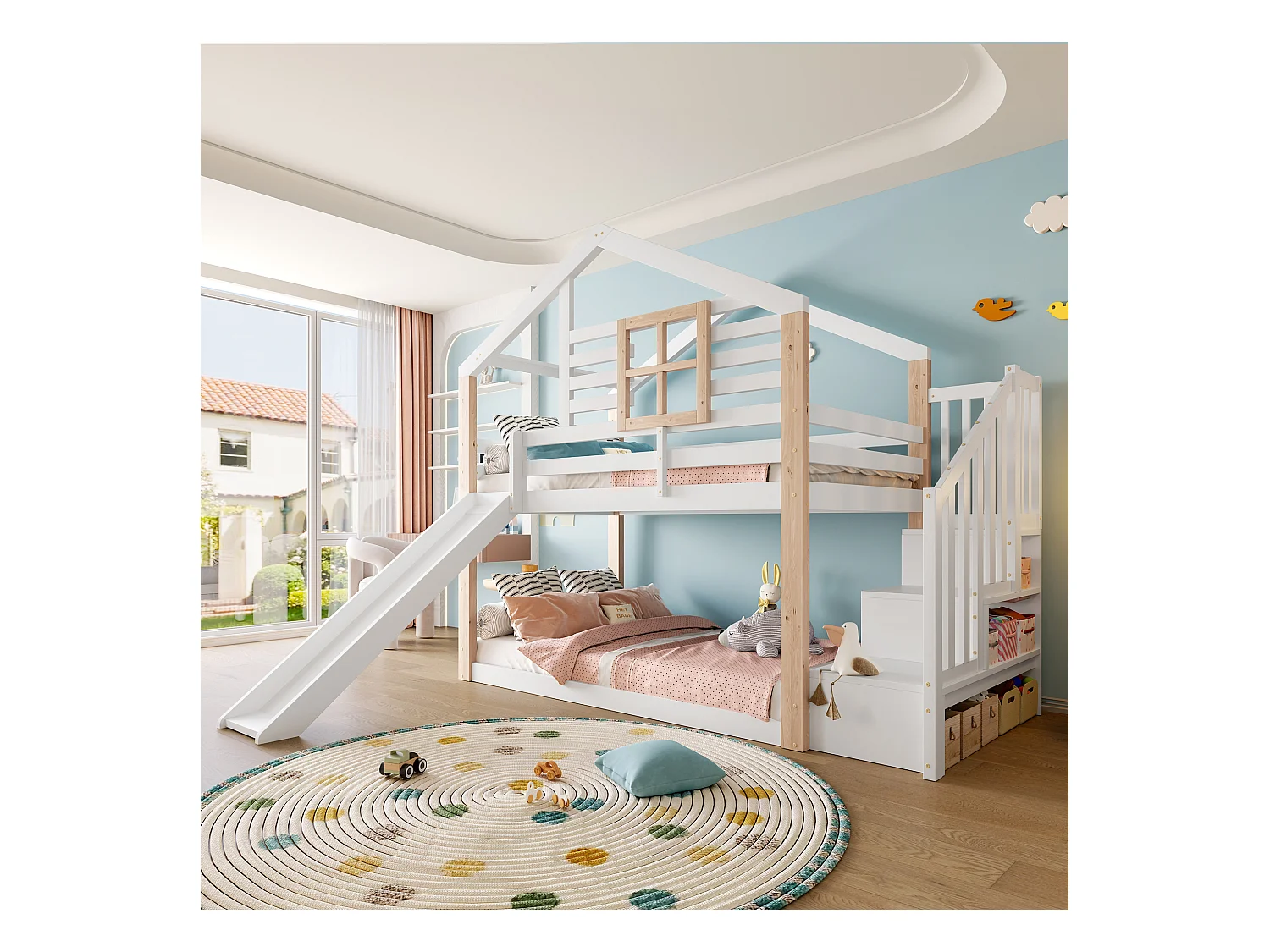 Lit superposés pour enfants avec toboggan et escalier - 2 x 90 x 200 cm - avec rampe + rangement - bois - blanc