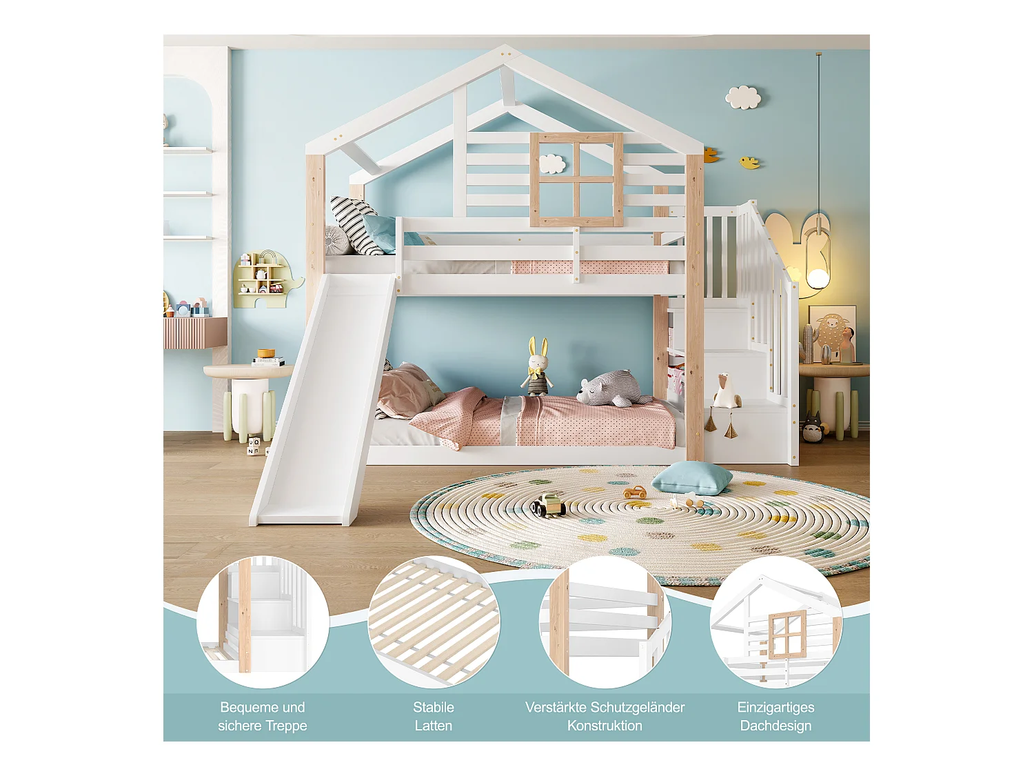 Lit superposés pour enfants avec toboggan et escalier - 2 x 90 x 200 cm - avec rampe + rangement - bois - blanc
