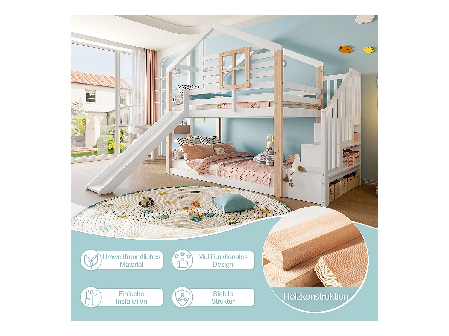 Lit superposés pour enfants avec toboggan et escalier - 2 x 90 x 200 cm - avec rampe + rangement - bois - blanc