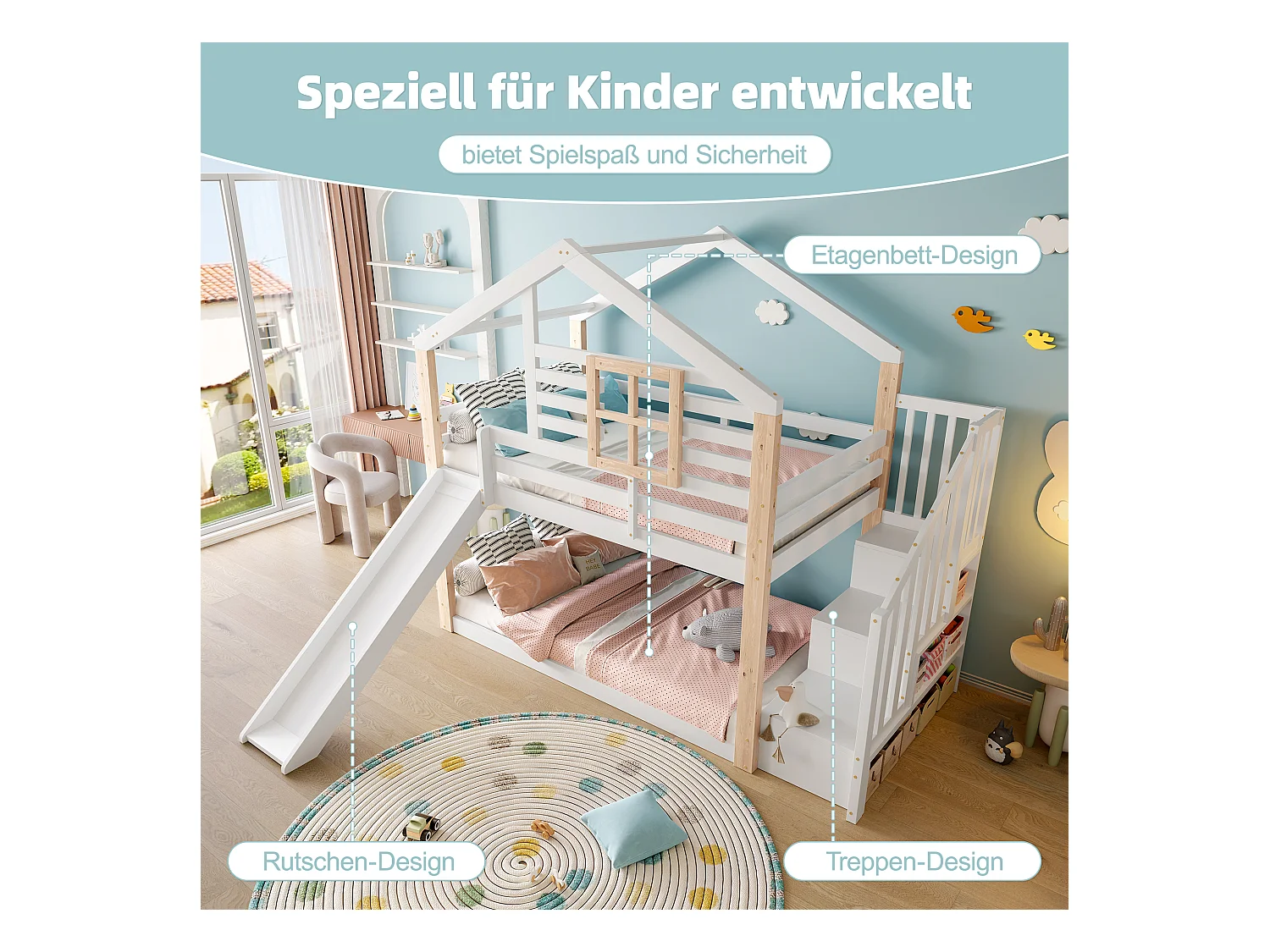 Lit superposés pour enfants avec toboggan et escalier - 2 x 90 x 200 cm - avec rampe + rangement - bois - blanc