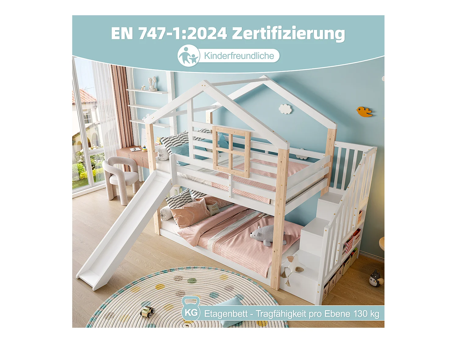 Lit superposés pour enfants avec toboggan et escalier - 2 x 90 x 200 cm - avec rampe + rangement - bois - blanc