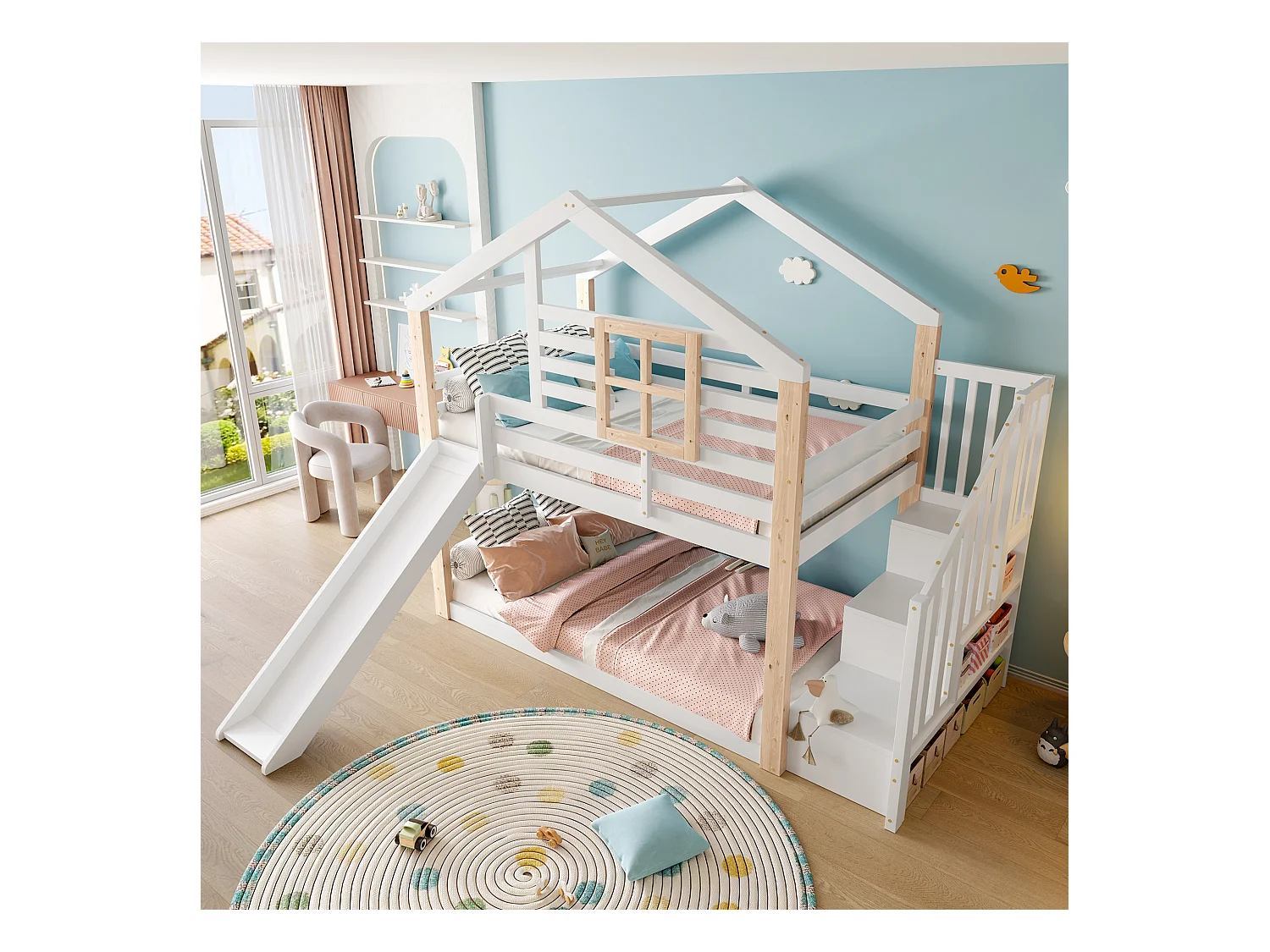 Lit superposés pour enfants avec toboggan et escalier - 2 x 90 x 200 cm - avec rampe + rangement - bois - blanc