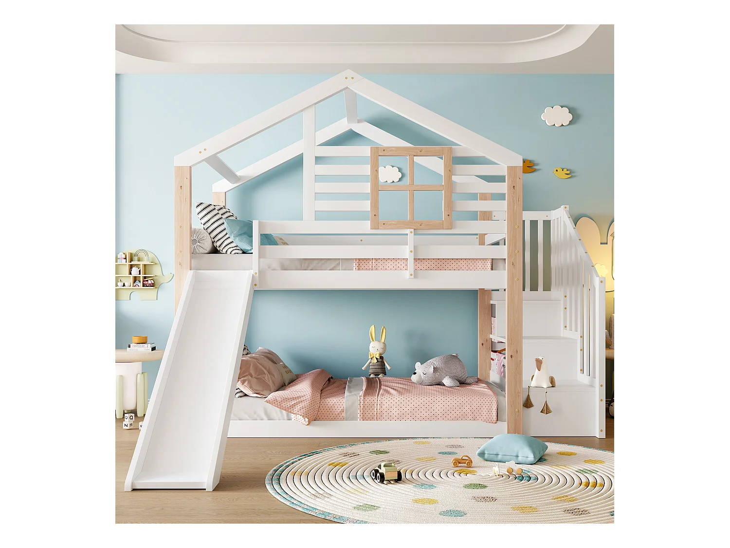 Lit superposés pour enfants avec toboggan et escalier - 2 x 90 x 200 cm - avec rampe + rangement - bois - blanc