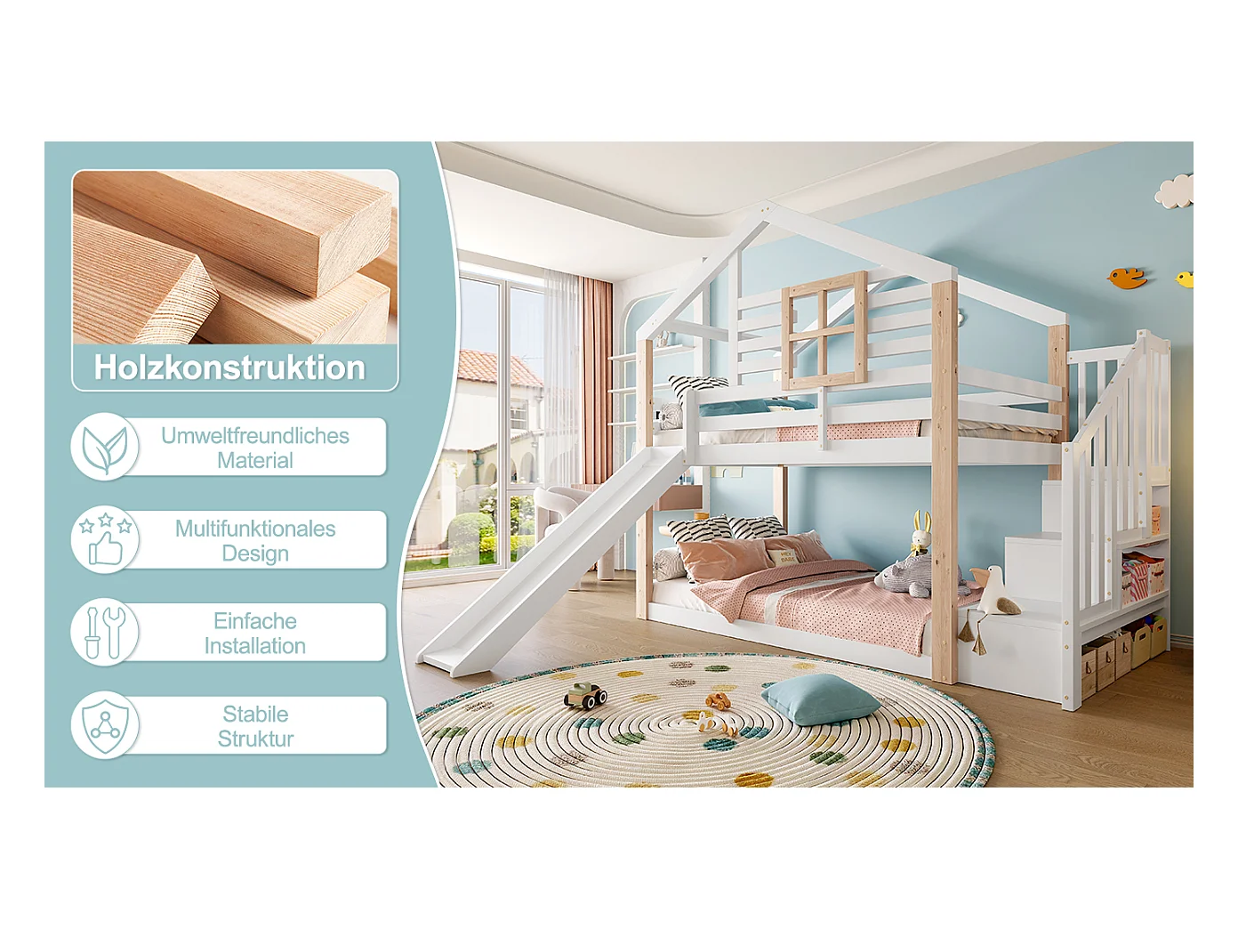 Lit superposés pour enfants avec toboggan et escalier - 2 x 90 x 200 cm - avec rampe + rangement - bois - blanc