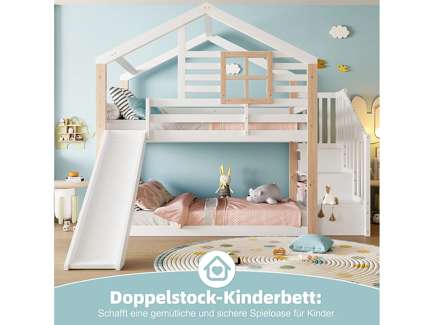 Lit superposés pour enfants avec toboggan et escalier - 2 x 90 x 200 cm - avec rampe + rangement - bois - blanc