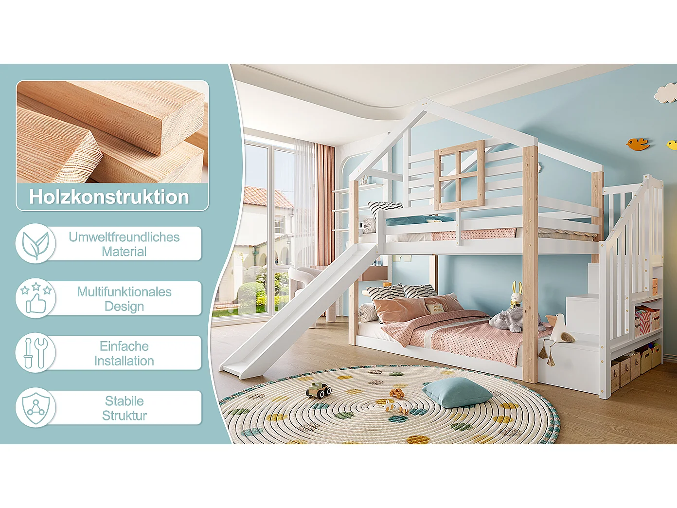 Lit superposés pour enfants avec toboggan et escalier - 2 x 90 x 200 cm - avec rampe + rangement - bois - blanc