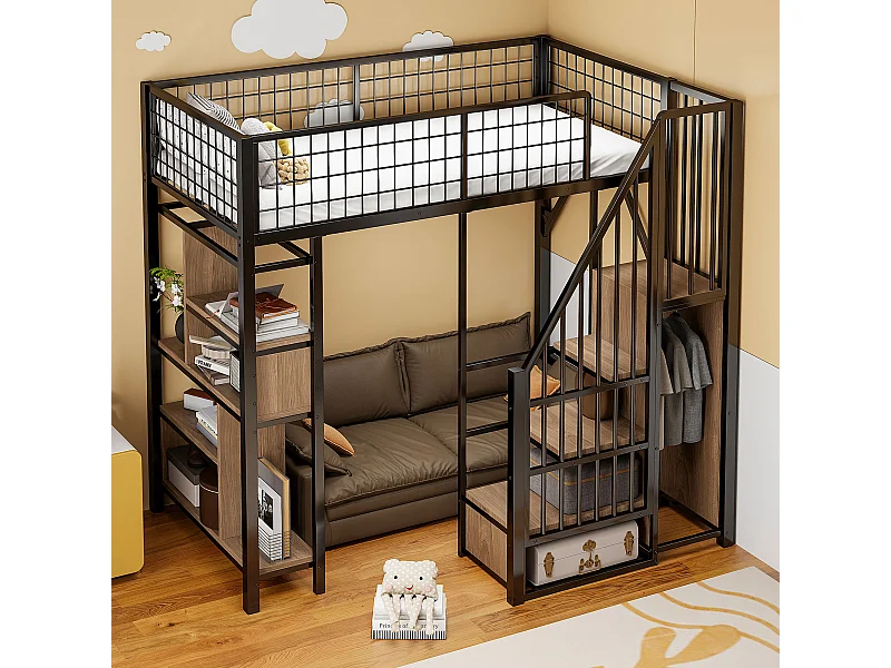 Lit mezzanine enfant en métal - 90 x 200 cm - avec armoire + étagères + escalier - bois + métal - noir