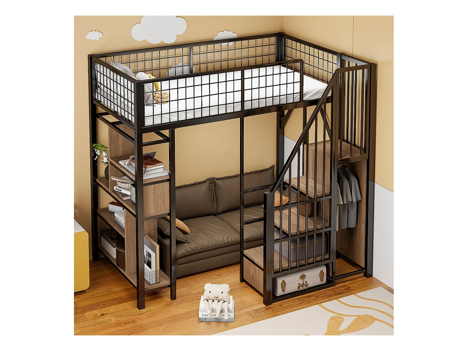 Łóżko piętrowe metalowe dla dzieci - 90 x 200 cm - z szafą + półki + schody - drewno + metal - czarne