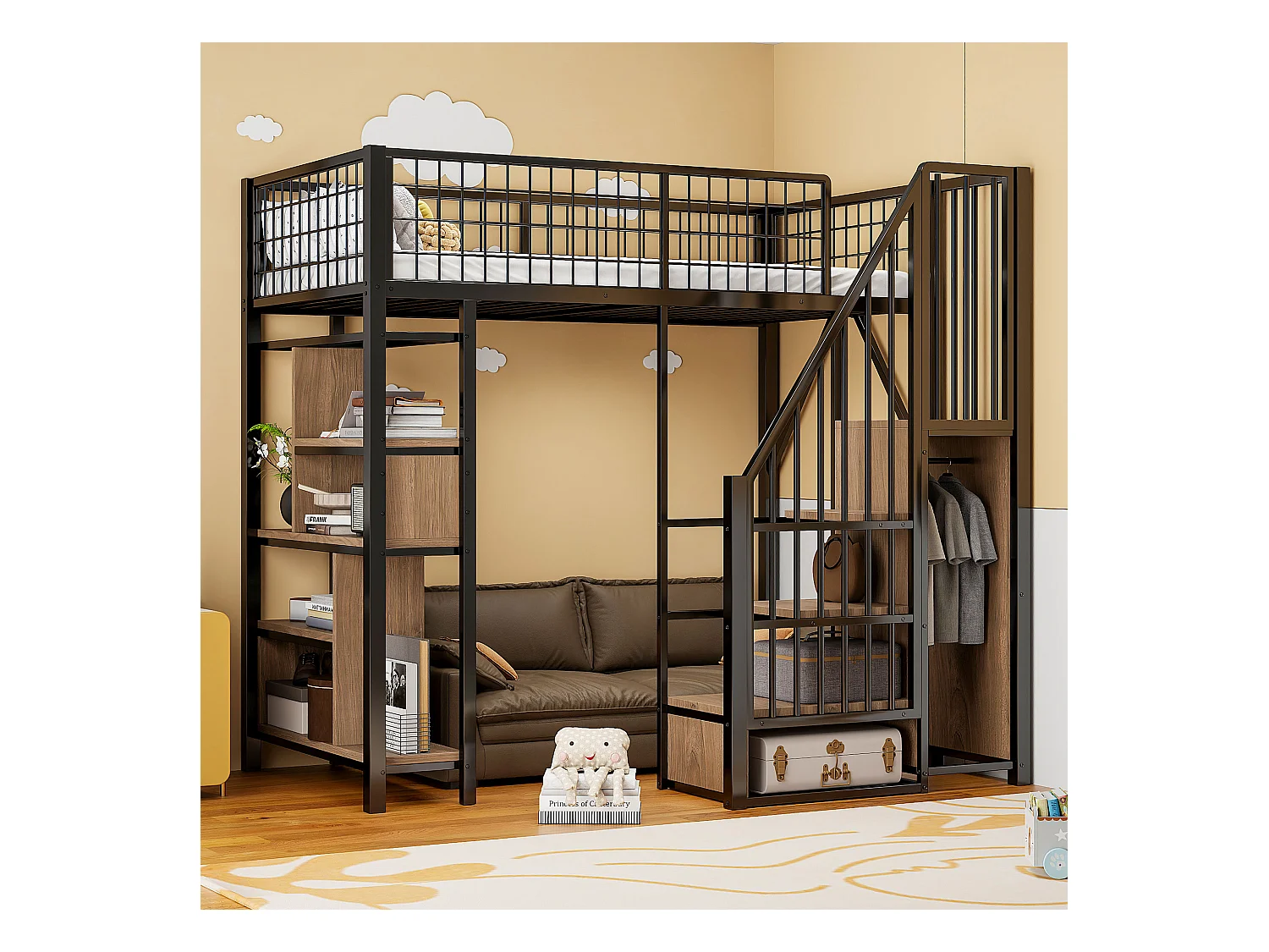 Łóżko piętrowe metalowe dla dzieci - 90 x 200 cm - z szafą + półki + schody - drewno + metal - czarne