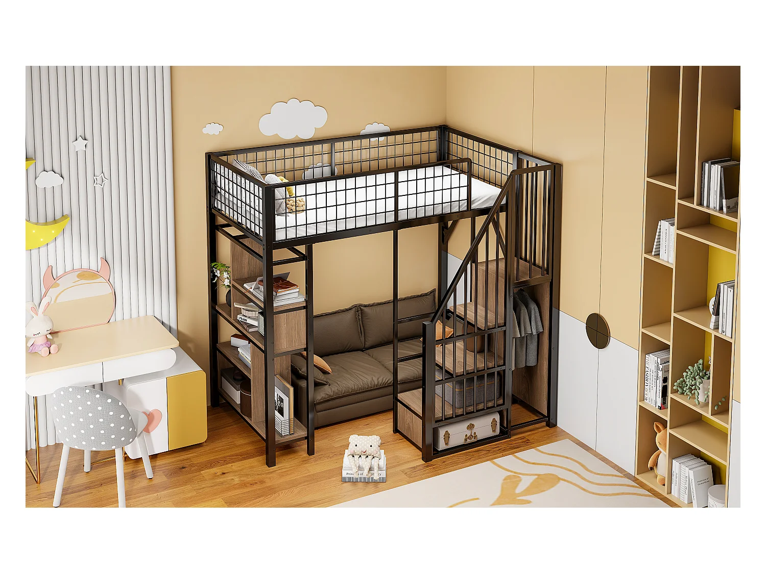 Łóżko piętrowe metalowe dla dzieci - 90 x 200 cm - z szafą + półki + schody - drewno + metal - czarne