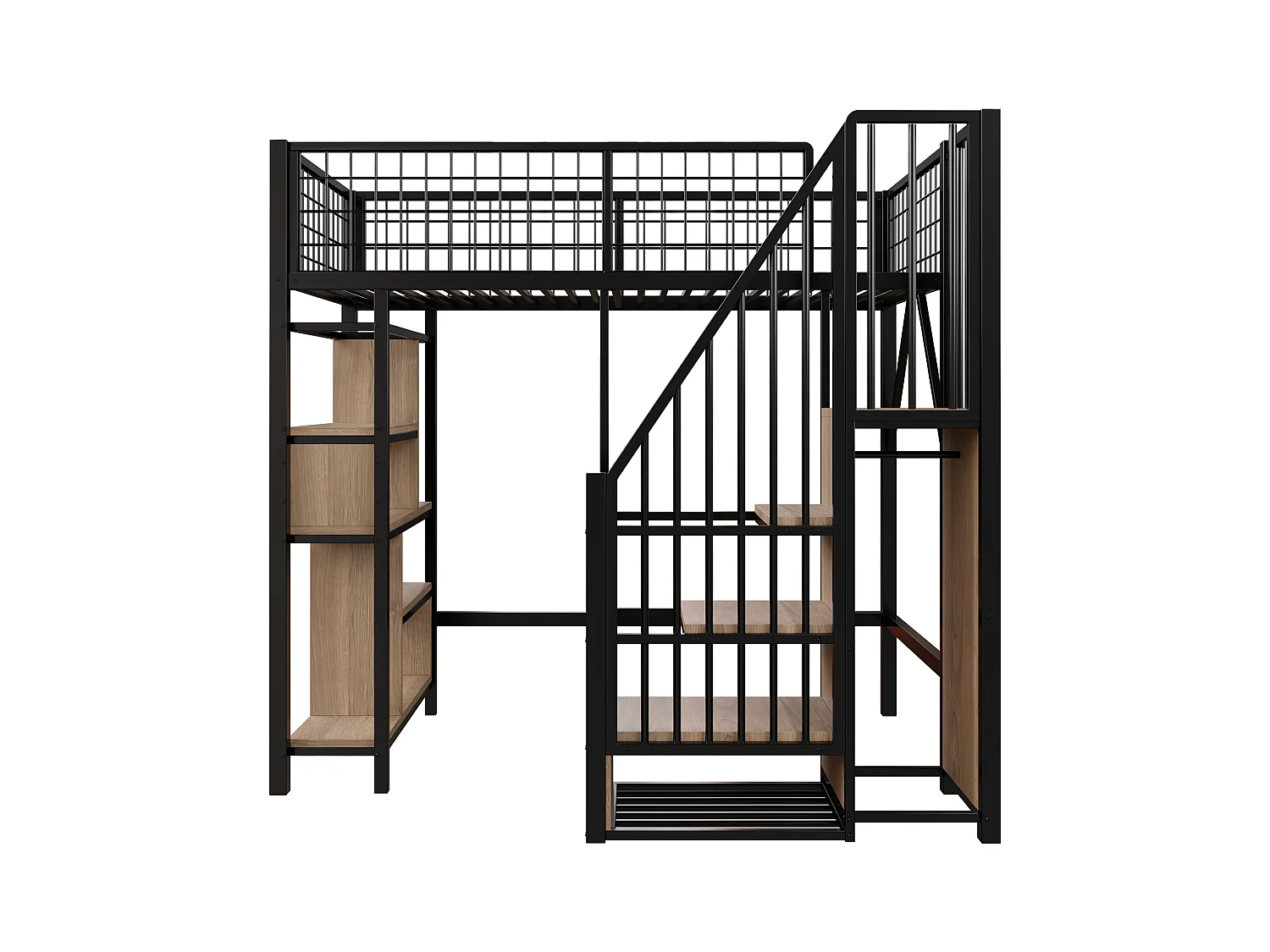 Łóżko piętrowe metalowe dla dzieci - 90 x 200 cm - z szafą + półki + schody - drewno + metal - czarne