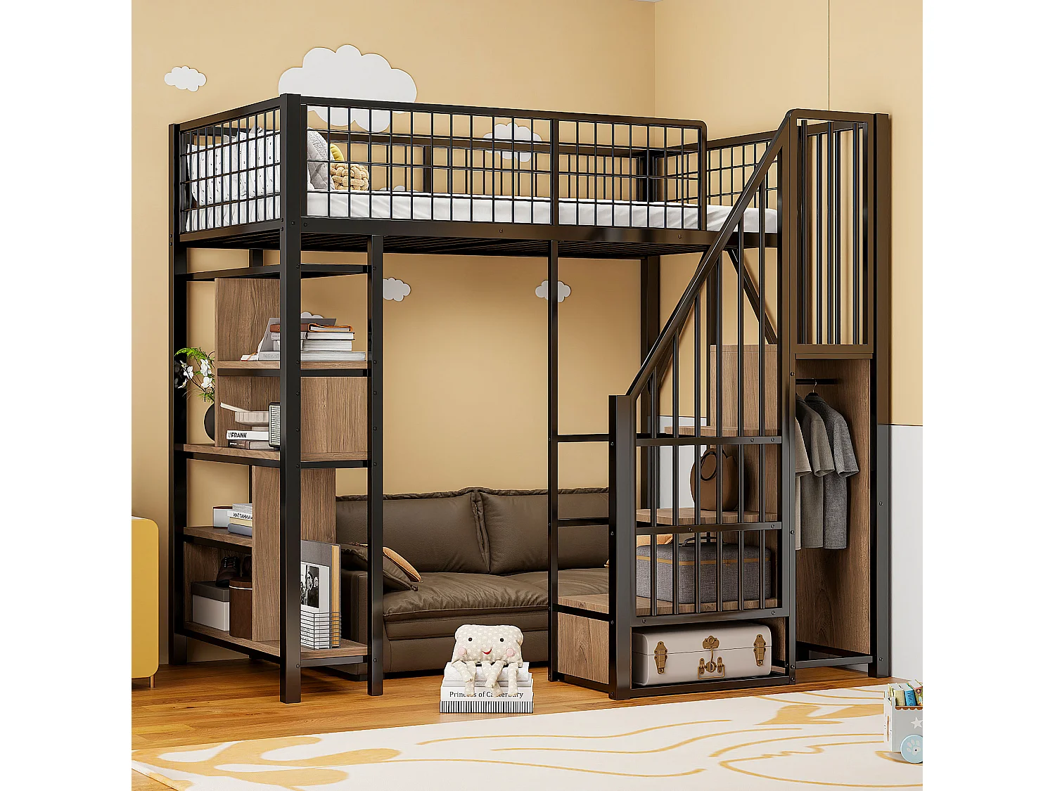 Lit mezzanine enfant en métal - 90 x 200 cm - avec armoire + étagères + escalier - bois + métal - noir