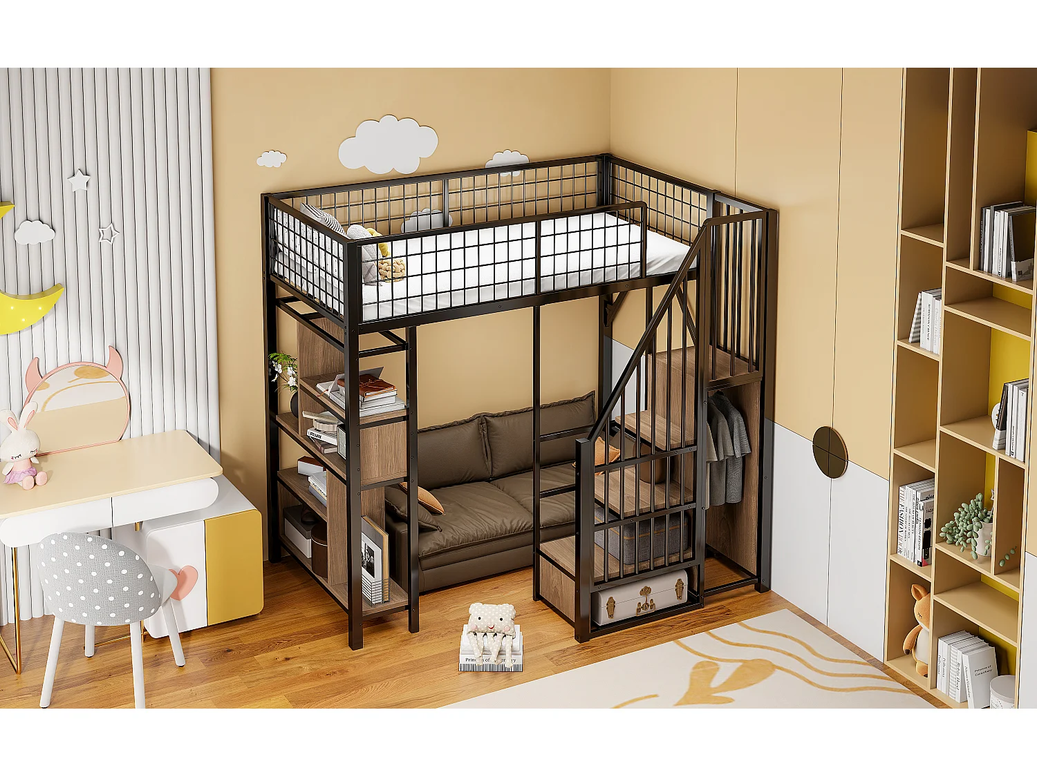 Lit mezzanine enfant en métal - 90 x 200 cm - avec armoire + étagères + escalier - bois + métal - noir