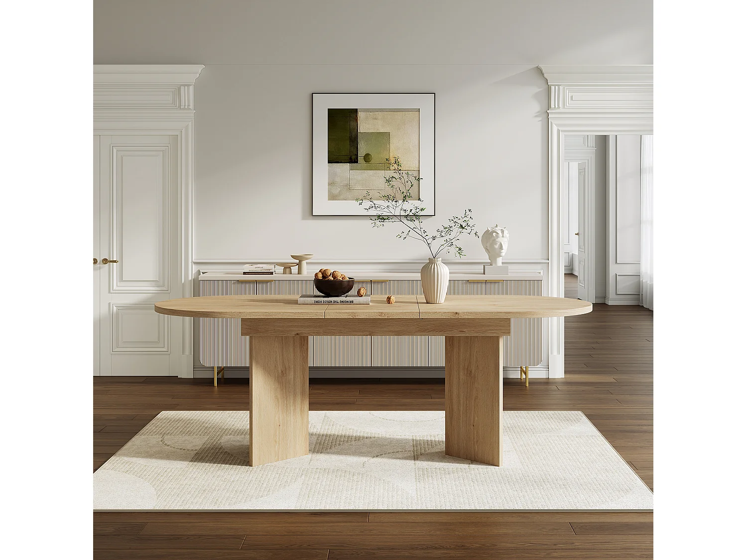 Uitschuifbare ronde tafelset en 6 stoelen - 120/160 * 80 x 75,5 cm - fluwelen stoel - MDF - natuurlijk